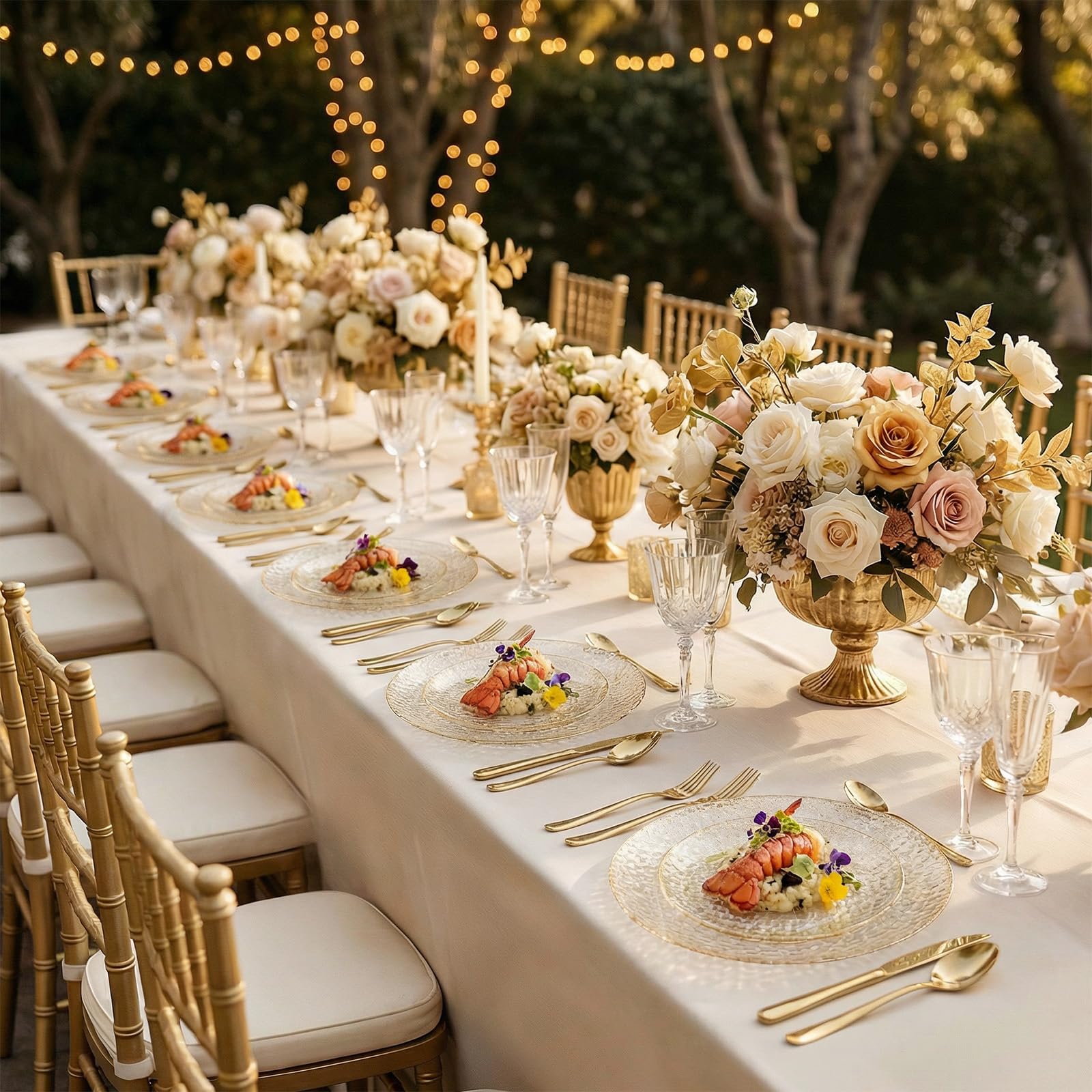 Rubtlamp 100Pcs Amber Gold Plastic Plates, Disposable Plates With Gold Rim, Heavy-duty Party Platos, Hammered Plastic Plates Include 50 Clear Dessert Plates, 50 Dinner Plates for Party