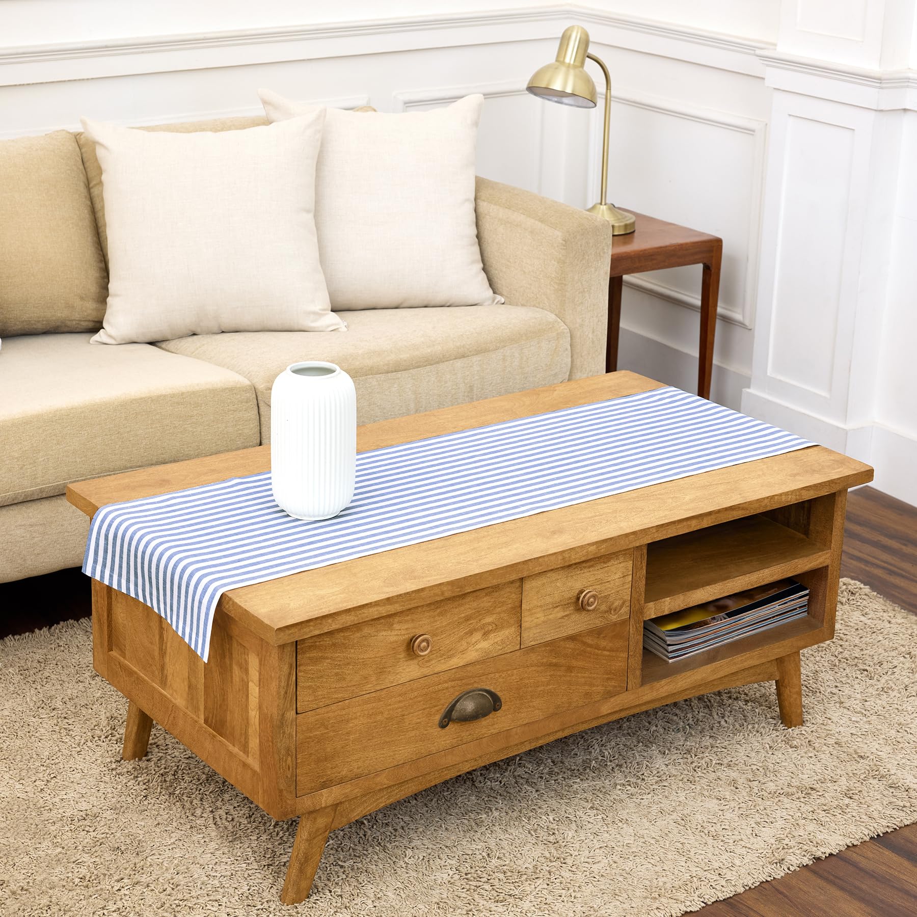 Solino Home Linen Table Runner 36 Inches - Amalfi Stripe 100% Pure Linen Natural and White Table Runner 14 x 36 Inch Ideal for Dresser and Coffee Tables - Summer