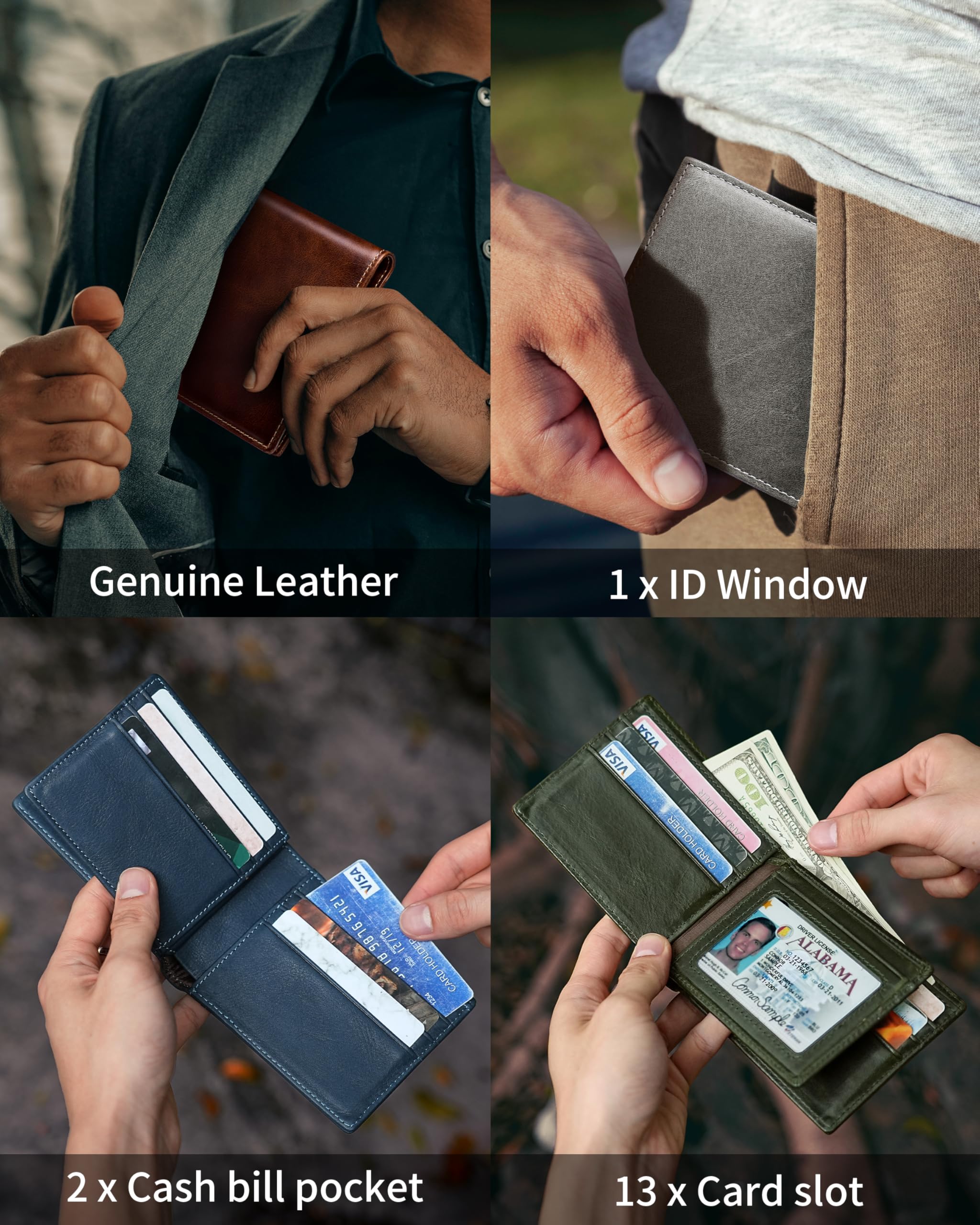Artpaxy Mens Wallet Genuine Leather Bifold RFID Blocking Wallet for Men with 1 ID Window 13 Card Holders 2 cash pockets 1 Gift Box