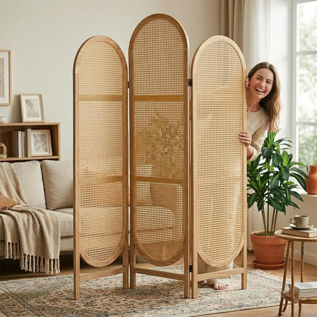 Hand-Woven Rattan Room Divider 3 Panels, 5.9 Ft Tall Wood Room Divider Panel, Partition Screen Divider Wall, Folding Privacy Screen, Wall Divider for Room Separation Home Office - Black