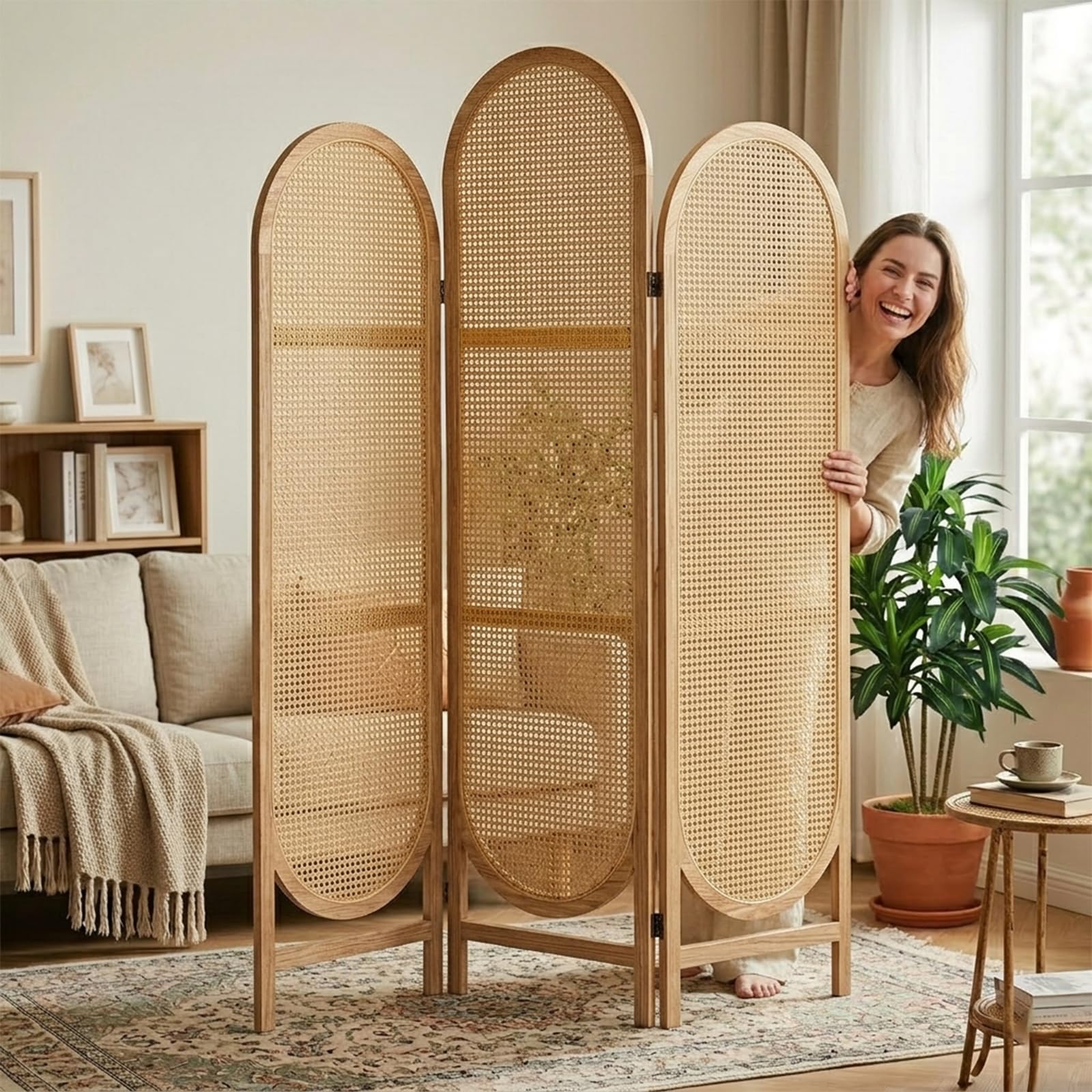 Hand-Woven Rattan Room Divider 3 Panels, 5.9 Ft Tall Wood Room Divider Panel, Partition Screen Divider Wall, Folding Privacy Screen, Wall Divider for Room Separation Home Office - Black