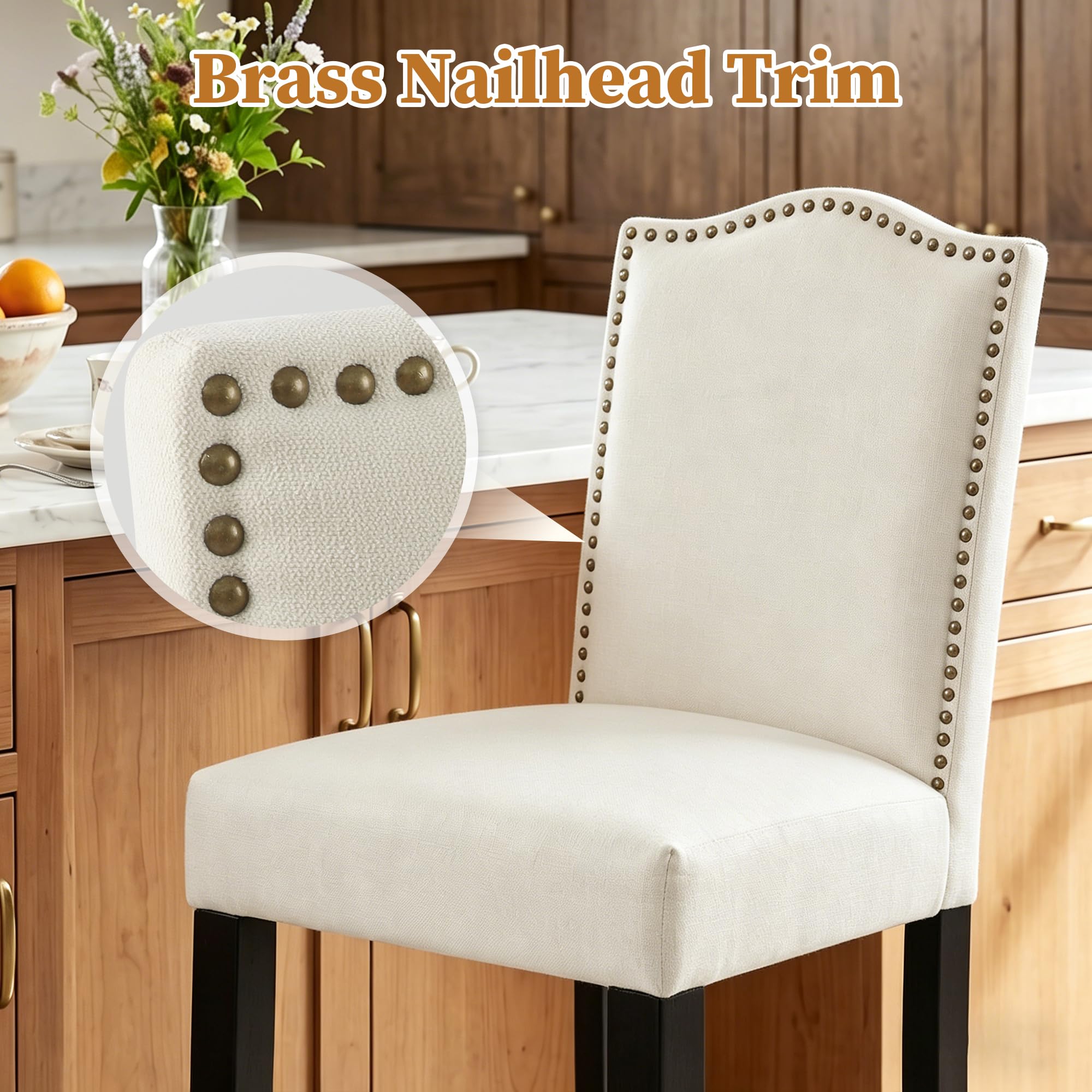 LSSPAID Counter Height Bar Stools Set of 2, 24.8 Inch Modern Upholstered Fabric Barstools, Kitchen Island Chairs with Bronze Nail Backrest and Solid Wood Legs for Kitchen Pub Home Cafe, Beige