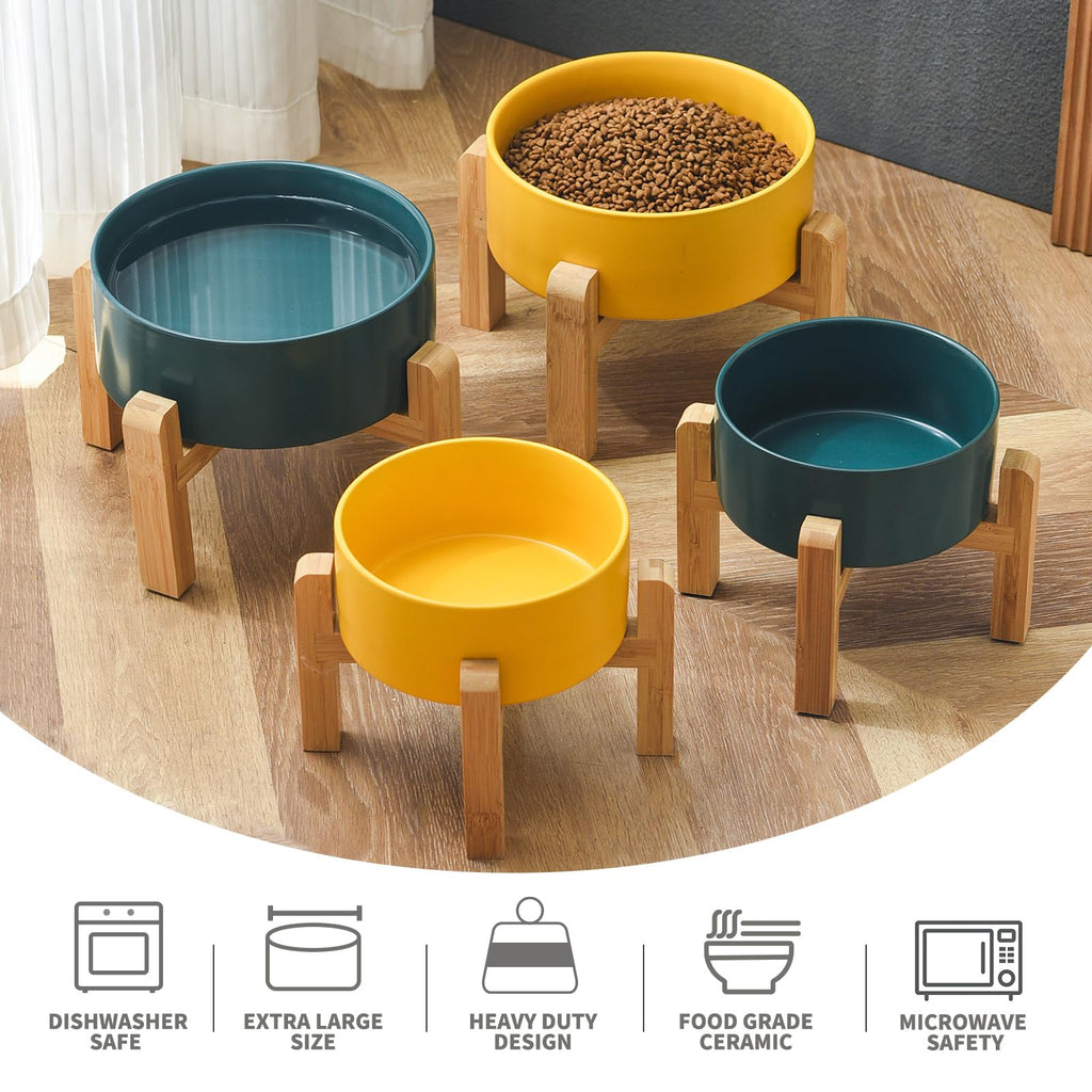 6'' Ceramic Raised Dog Bowl - 30Oz Dog Food & Water Bowl with Elevated Non-Slip Bamboo Stand, Dishwasher & Microwave Safe, Anti Vomiting Heavy Duty Pet Bowl for Small and Medium Dogs, Black