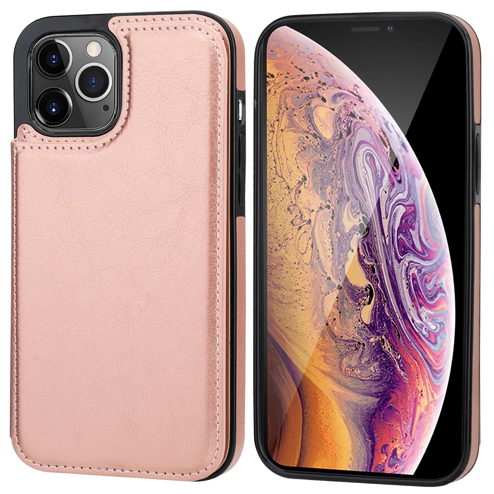 ONETOP Compatible with iPhone 12 Compatible with iPhone 12 Pro Wallet Case with Card Holder, PU Leather Kickstand Card Slots Case, Double Magnetic Clasp Durable Shockproof Cover 6.1 Inch(Black)