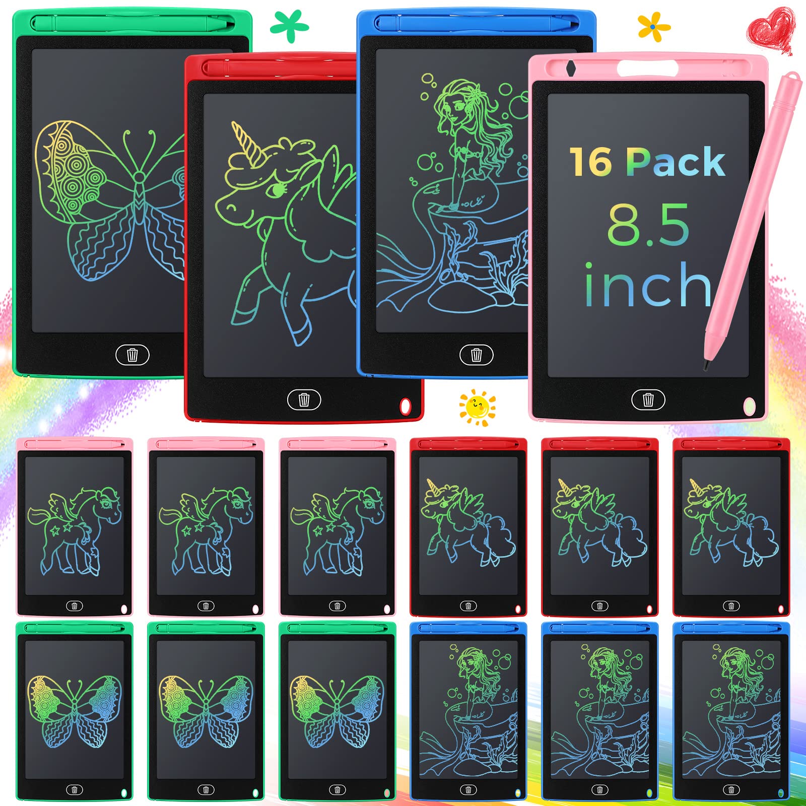 Epakh 16 PCS LCD Writing Tablet for Kids - 8.5 Inch Reusable Writing Board Drawing Doodle Pad Gift for Girl & Boy, Toddlers, Back to School, Birthday Party Favors(Black)
