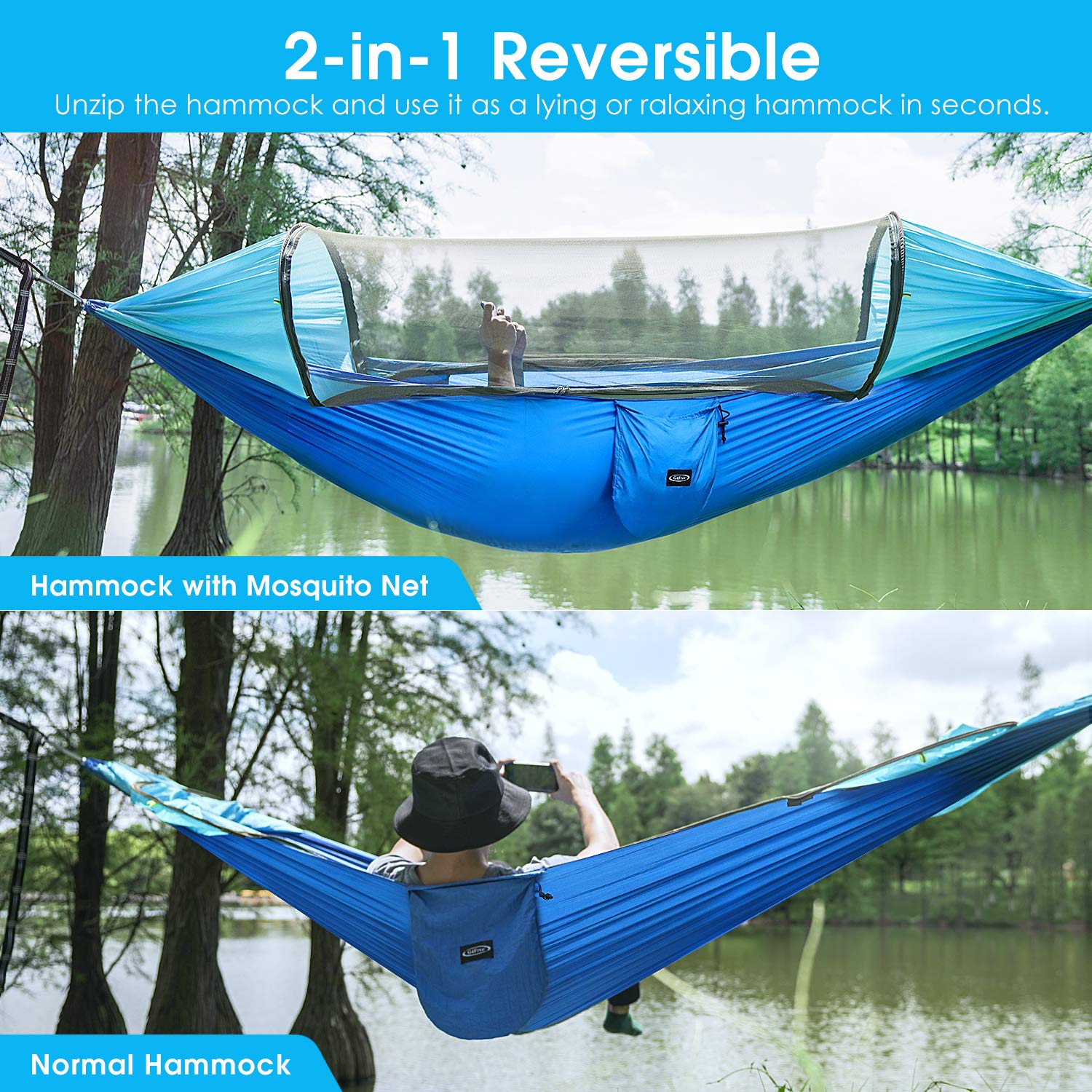 G4Free Large Camping Hammock with Mosquito Net and Rain Fly- 2 Person Portable Hammock with Bug Net and Tent Tarp for Outdoor Hiking Camping Backpacking Travel