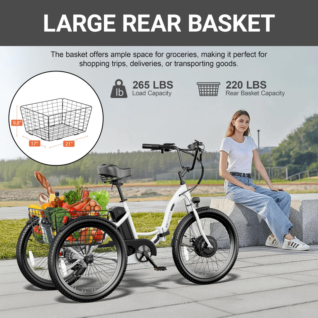 ANCHEER Electric Tricycle for Adults, Peak 600W Folding Electric Trike, 24" 499Wh Ebike for Seniors, 15.5MPH Electric Bike, Removable Battery, 3 Wheel, LCD, Rear Differential, Basket