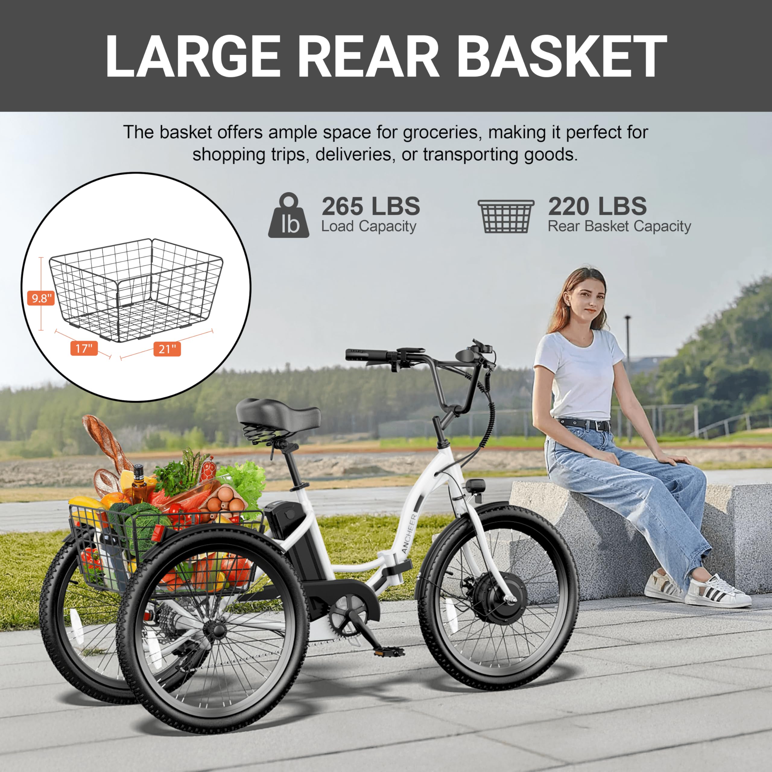 ANCHEER Electric Tricycle for Adults, Peak 600W Folding Electric Trike, 24" 499Wh Ebike for Seniors, 15.5MPH Electric Bike, Removable Battery, 3 Wheel, LCD, Rear Differential, Basket