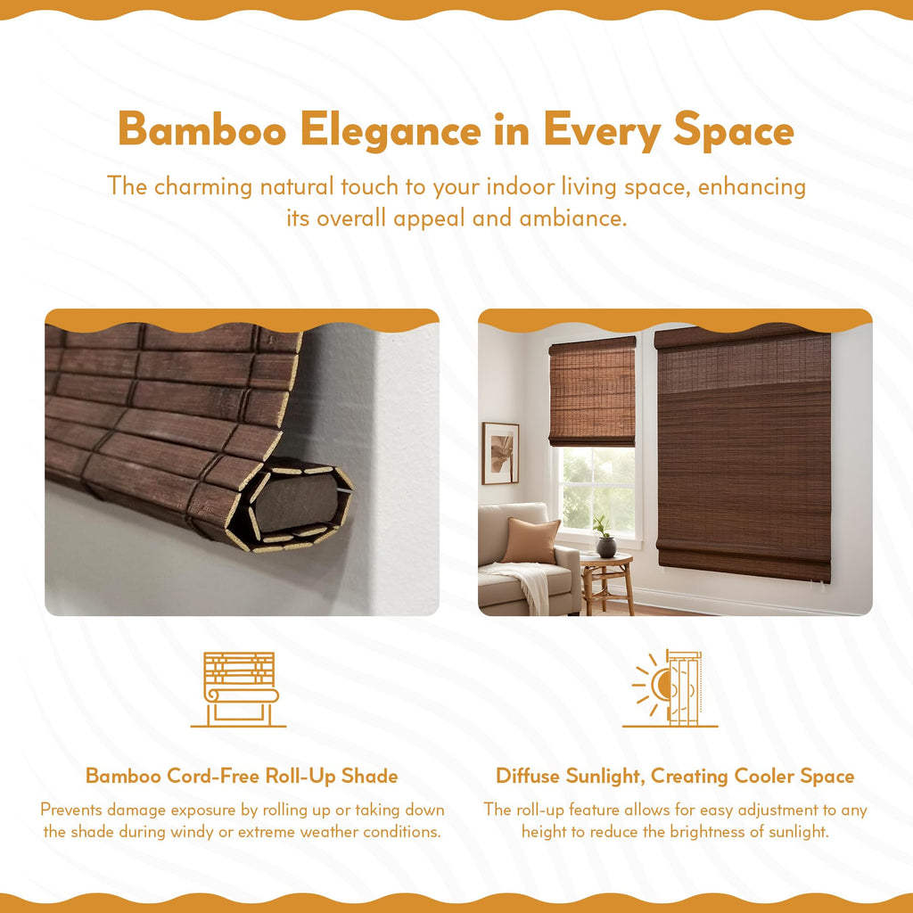 Radiance Cordless Bamboo Roman Shades for Windows - Flatstick Bamboo Blinds for Semi-Private Light Control - Easy to Lift & Fold Up Window Shades - Cocoa - 23 in. W x 64 in. L - (2216300E)