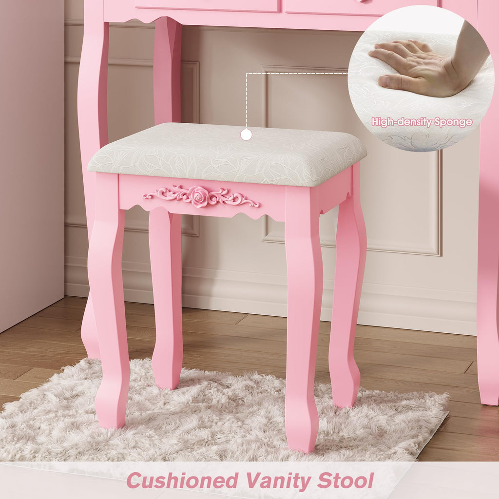 Alohappy Vanity Desk Set with Mirror & Stool for Girls, Makeup Vanity Table and Cushioned Stool Set with 4 Drawers, Wood Dressing Table for Bedroom (Pink)