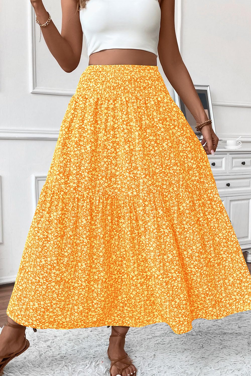 Women's Smocked High Waist Maxi Skirt Casual Boho Long Skirts with Pockets