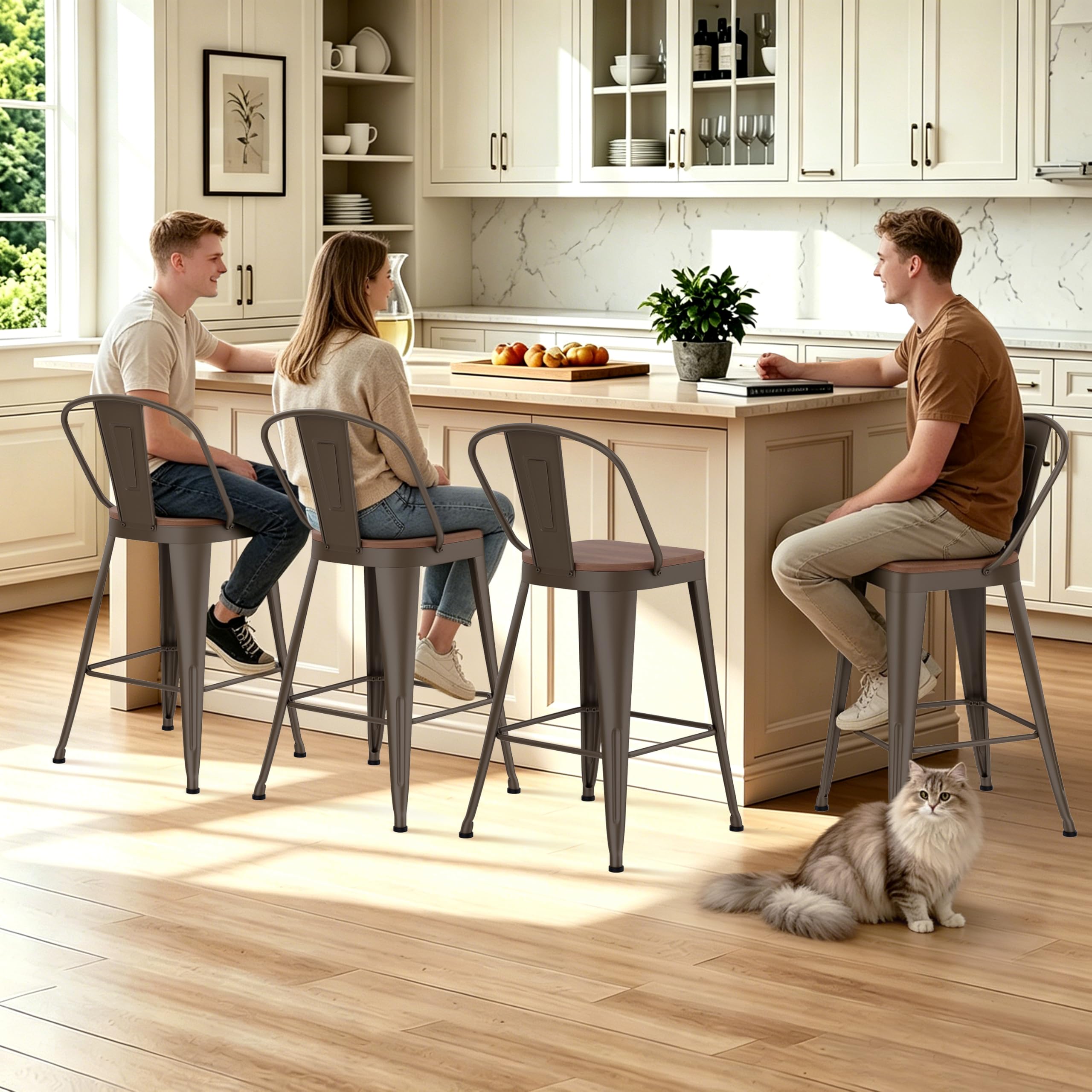 Barstools Set of 4 Counter Height Bar Stools for Kitchen Island Farmhouse Metal High Back Bar Chairs Wooden Seat 24" Matte Black