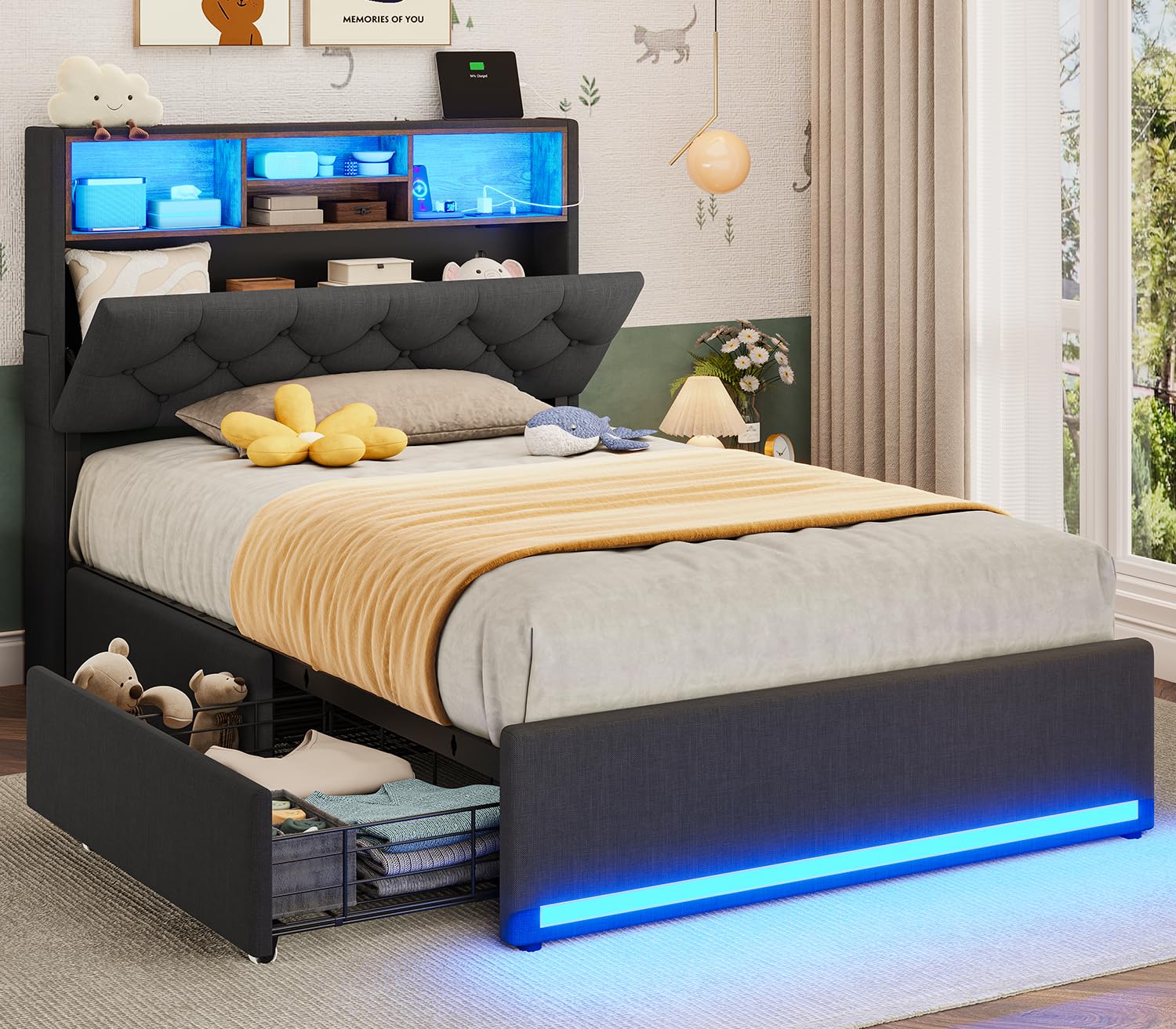 BTHFST Twin Bed Frames with Headboard & 4 Drawers, LED Bed Frame Twin with Charging Station, Upholstered and Metal Twin Bed with Storage, No Box Spring Needed, Black PU