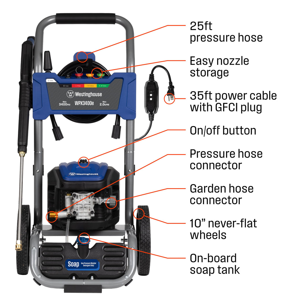 Westinghouse WPX2300e Electric Pressure Washer, 2300 Max PSI and 1.76 Max GPM, Induction Motor, Onboard Soap Tank, Spray Gun and Wand, 5 Nozzle Set, for Cars/Fences/Driveways/Homes/Patios/Furniture