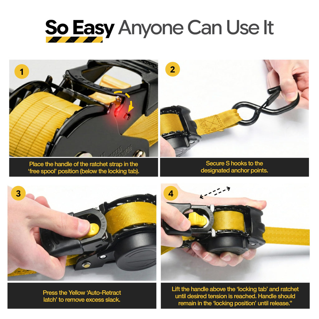 AUGO Retractable Ratchet Straps | 2 Heavy Duty Ratchet Straps Self Retractable Tie Downs with Soft Loops & Storage Bag for Motorcycle, Truck, Trailer, Cargo Van | 1200 Lb Break Strength 1” x 10’