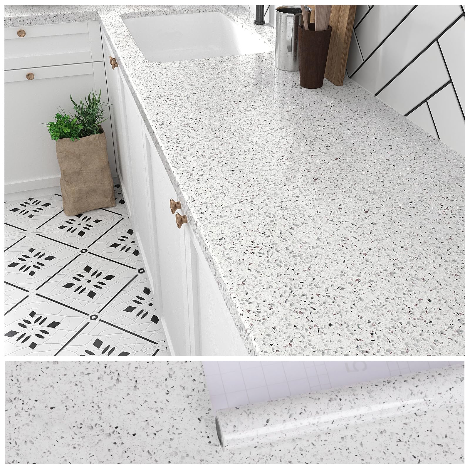 VEELIKE 15.7''x118'' Granite Contact Paper for Countertops Waterproof Self Adhesive Granite Wallpaper Peel and Stick Countertops for Kitchen Bathroom Counter Top Removable Decorative Vinyl Film