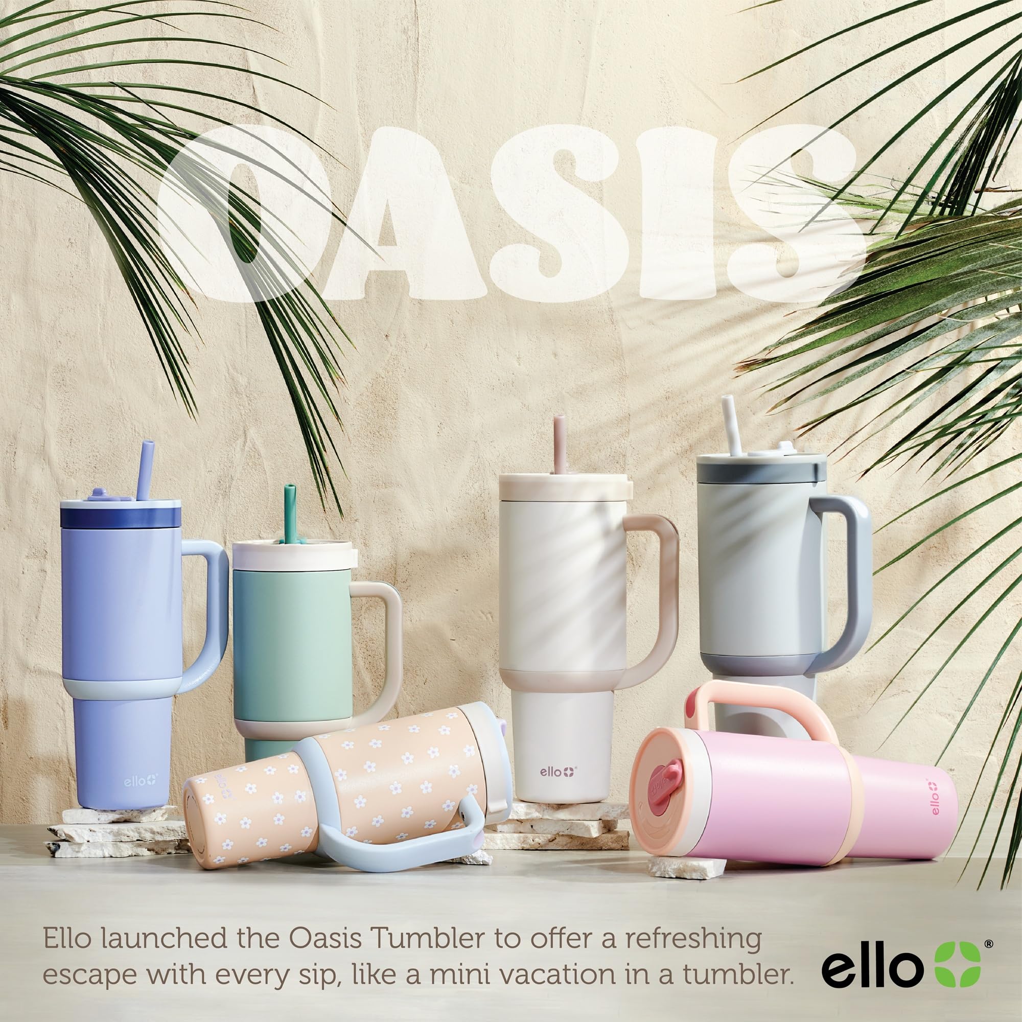 Ello Oasis 24 oz Tumbler with Handle & Retracting Straw | Reusable Insulated Stainless Steel Cup 100% Leakproof, Gifts for Teens Women Men | Keeps cold for 24 Hours, Cup Holder Friendly, Cream Tonal