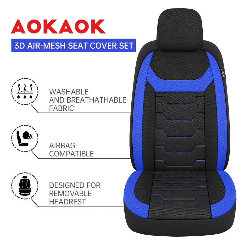 AOKAOK 3D Air-Mesh Car Seat Covers Full Set, Breathable and Split Bench Compatible Seat Covers for Cars, Universal Car Interior Covers for Most Cars Sedan Truck SUV(Black/Blue)