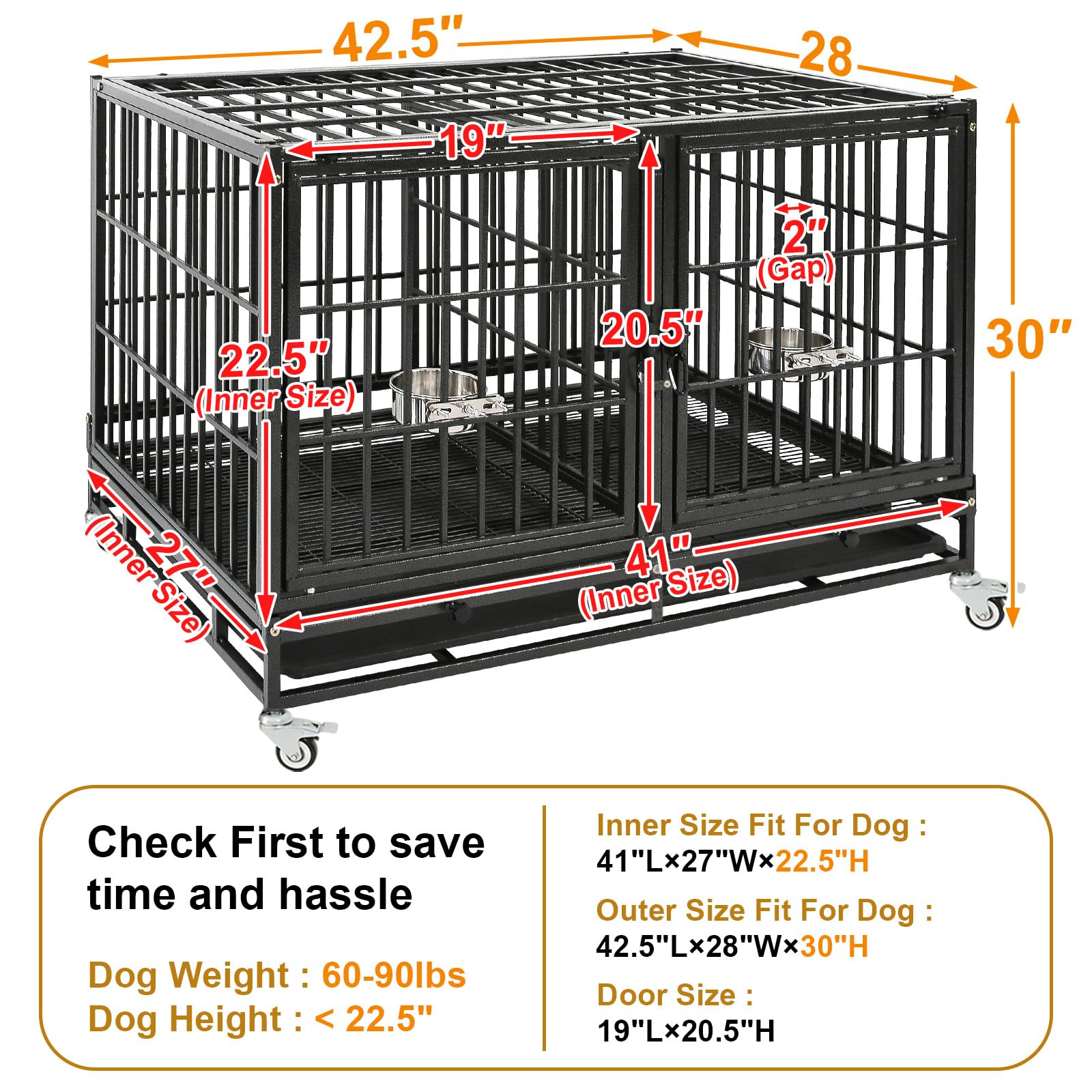 Homey Pet 37 inch Stackable Heavy Duty Dog Crate, Indestructible Escape Proof Dogs Cage Kennel with Lockable Wheels, Removable Tray & Metal Grid, Double Doors for High Anxiety Medium/Small Dogs