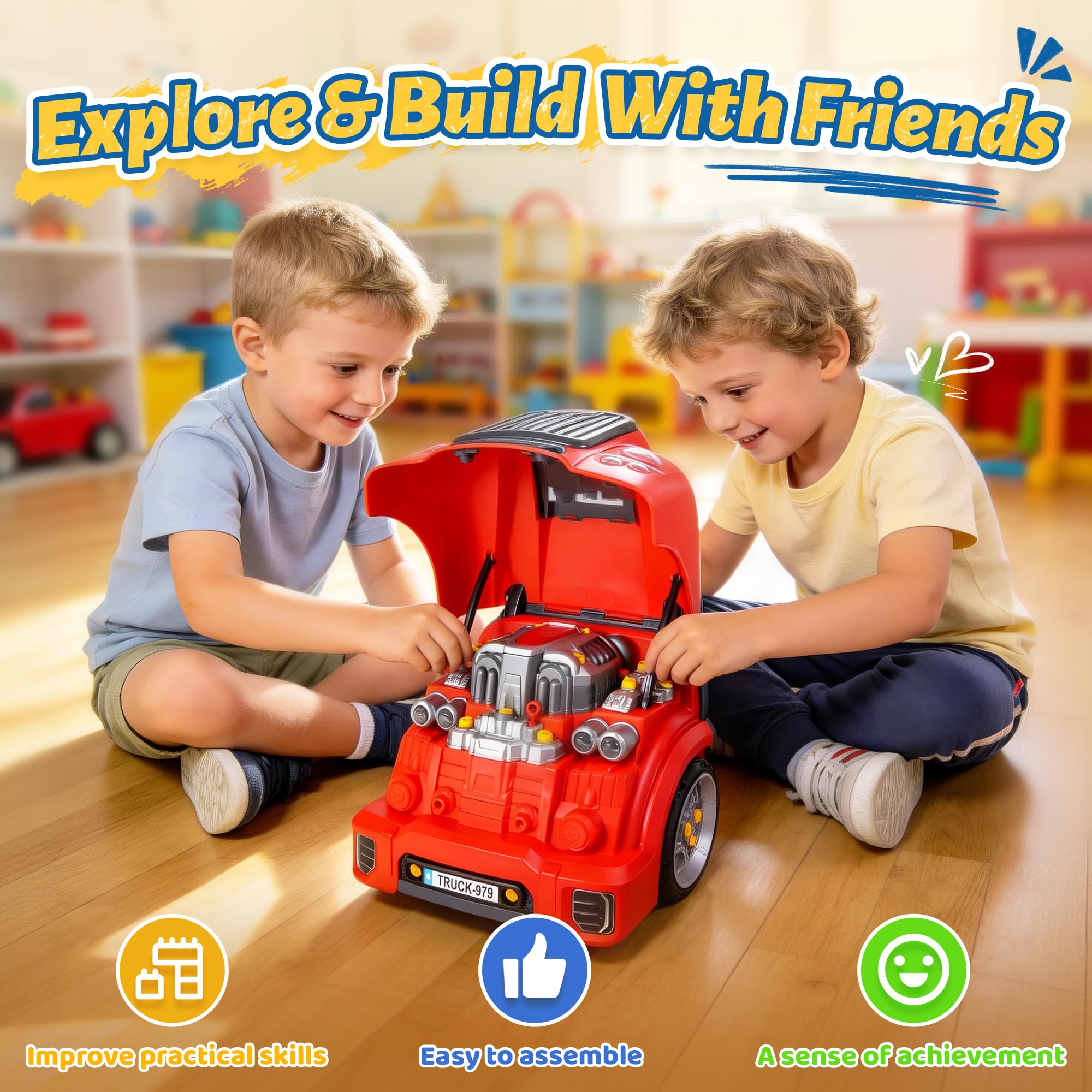 POFJOEQ Interactive Truck Engine Toy with Removable Parts - Lights, Sounds, and Fun for Young Mechanics -Unleash Their Creativity and Motor Skills with This Truck Engine Toy (Bule)