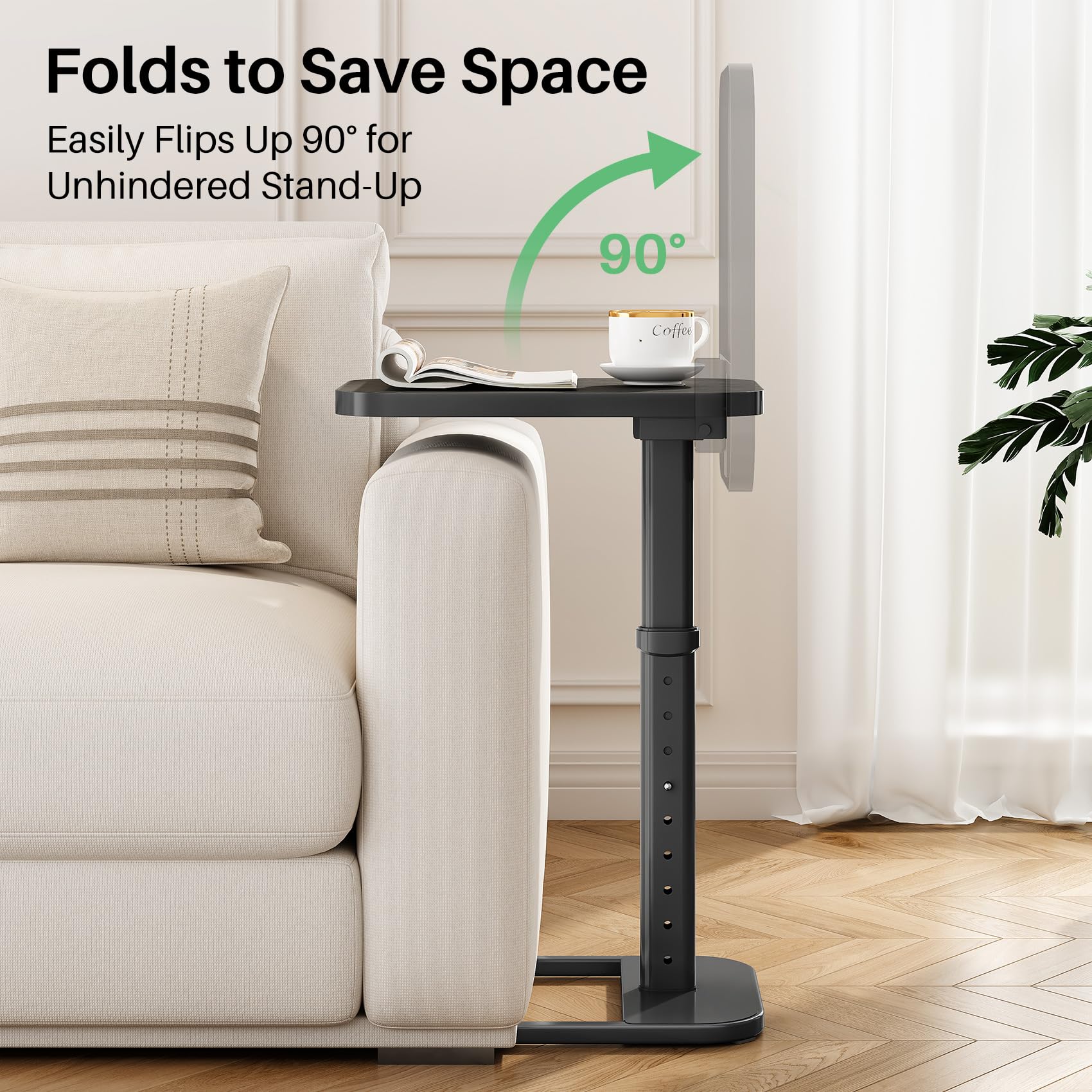 Kitstorack TV Tray Table, Adjustable Height & Rounded Metal Corners, Snack Table for Couch, Sofa, Bed, Chair, Living Room, C Shaped End Side Table for Eating, Dinner or Laptop, Small Spaces, Black