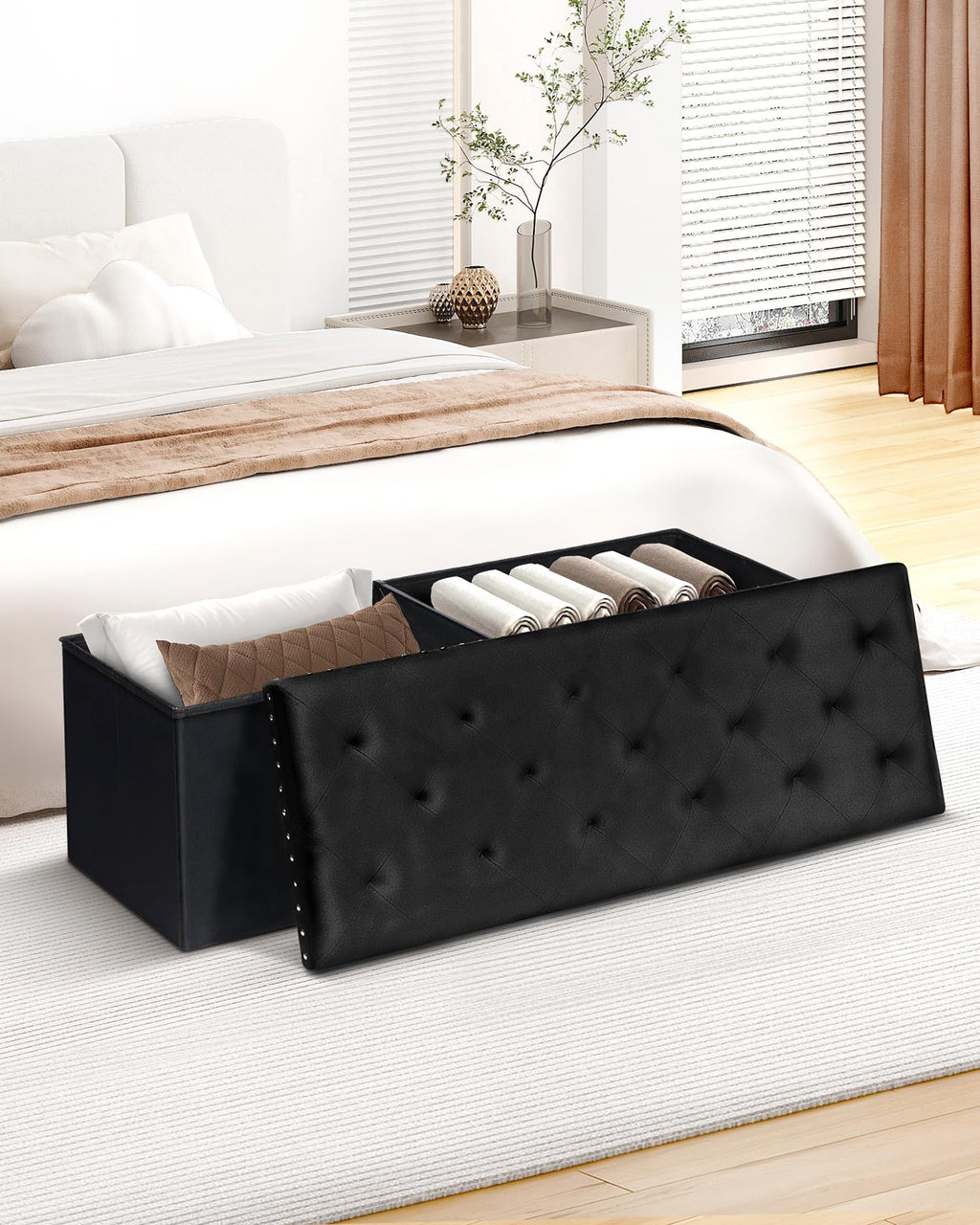B FSOBEIIALEO Storage-Ottoman Cube-Folding Tufted - Ottomans with Storage, Coffee Table Top Cover, Storage Boxes Footrest Stool for Bedroom, Luxury Velvet Fabric 15.7 Inches Black