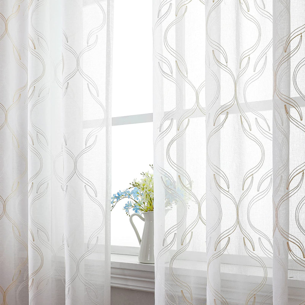 VISIONTEX Sheer Curtains 63 Inches Long 2 Panels Set, Beige and Ivory Moroccan Embroidery Texture Geometric Rod Pocket White Voile Tulle Semi Window Treatment Pair for Bedroom, W54 x L63