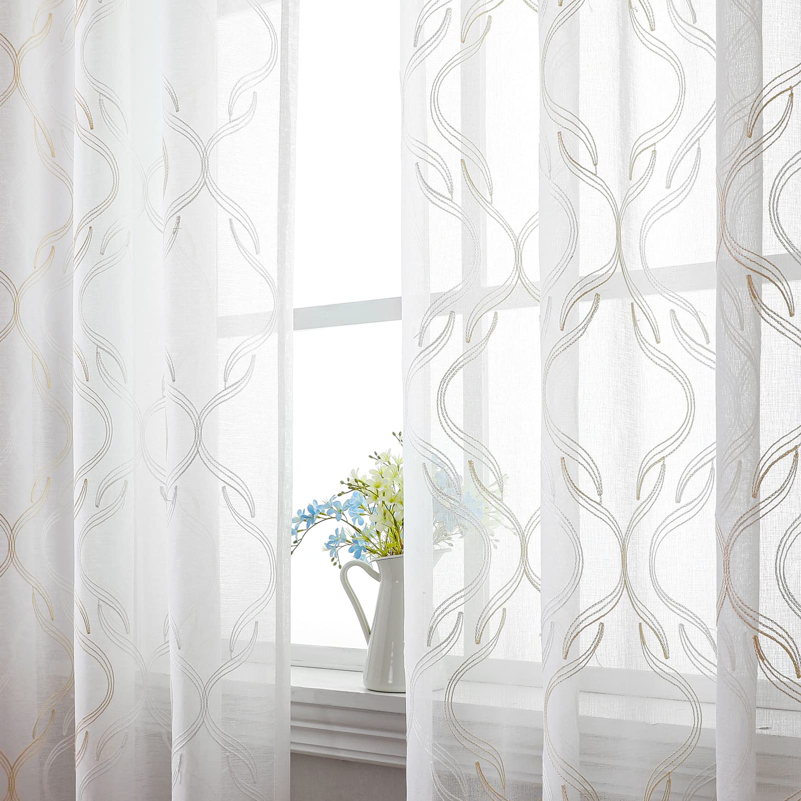 VISIONTEX Sheer Curtains 63 Inches Long 2 Panels Set, Beige and Ivory Moroccan Embroidery Texture Geometric Rod Pocket White Voile Tulle Semi Window Treatment Pair for Bedroom, W54 x L63