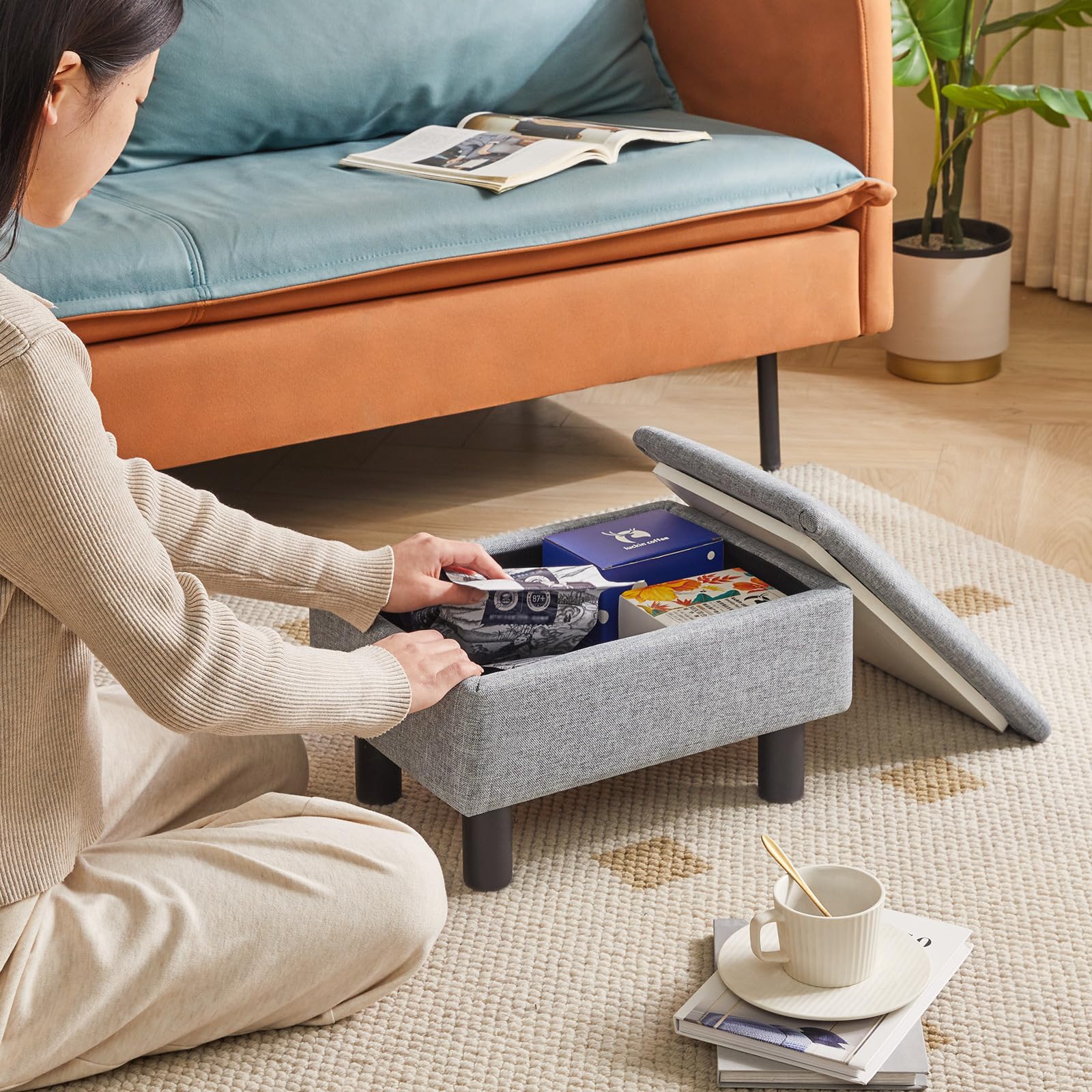 IBUYKE 16.54" Small Footstool, PU Faux Leather Step Stool, with Padded Seat Pine Wood Legs and Padded Rectangular Stool, for Bedroom, Black RF-BD210