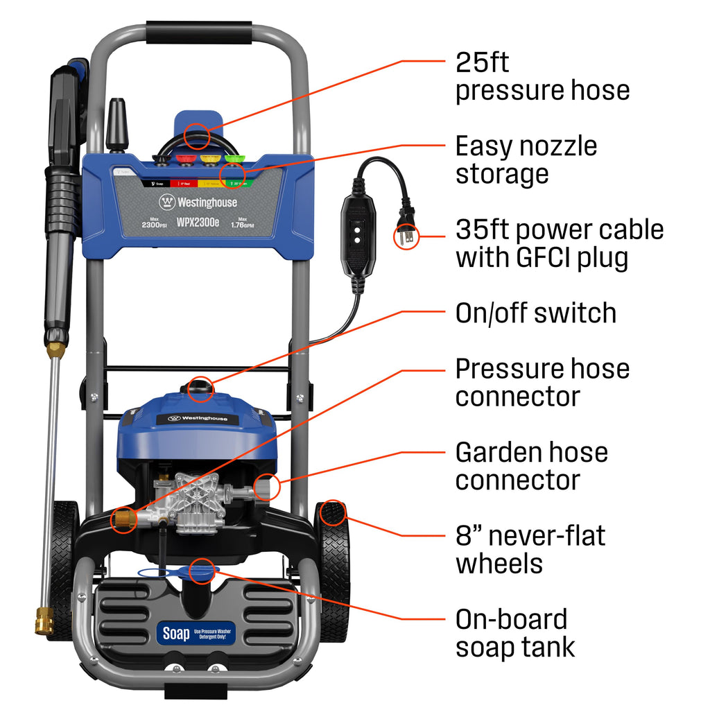 Westinghouse WPX2300e Electric Pressure Washer, 2300 Max PSI and 1.76 Max GPM, Induction Motor, Onboard Soap Tank, Spray Gun and Wand, 5 Nozzle Set, for Cars/Fences/Driveways/Homes/Patios/Furniture