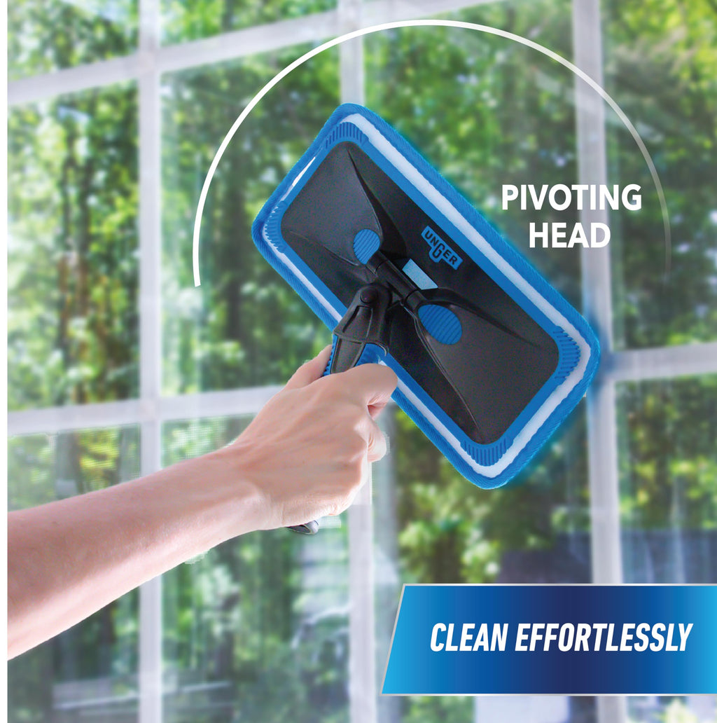 Unger Professional Indoor Window Cleaning Kit with 2' Pole — Swivel Head Pad Washer for Glass, Mirrors & Flat Surfaces, Streak-Free Results, 2 Reusable Microfiber Pads, Wet or Dry Use