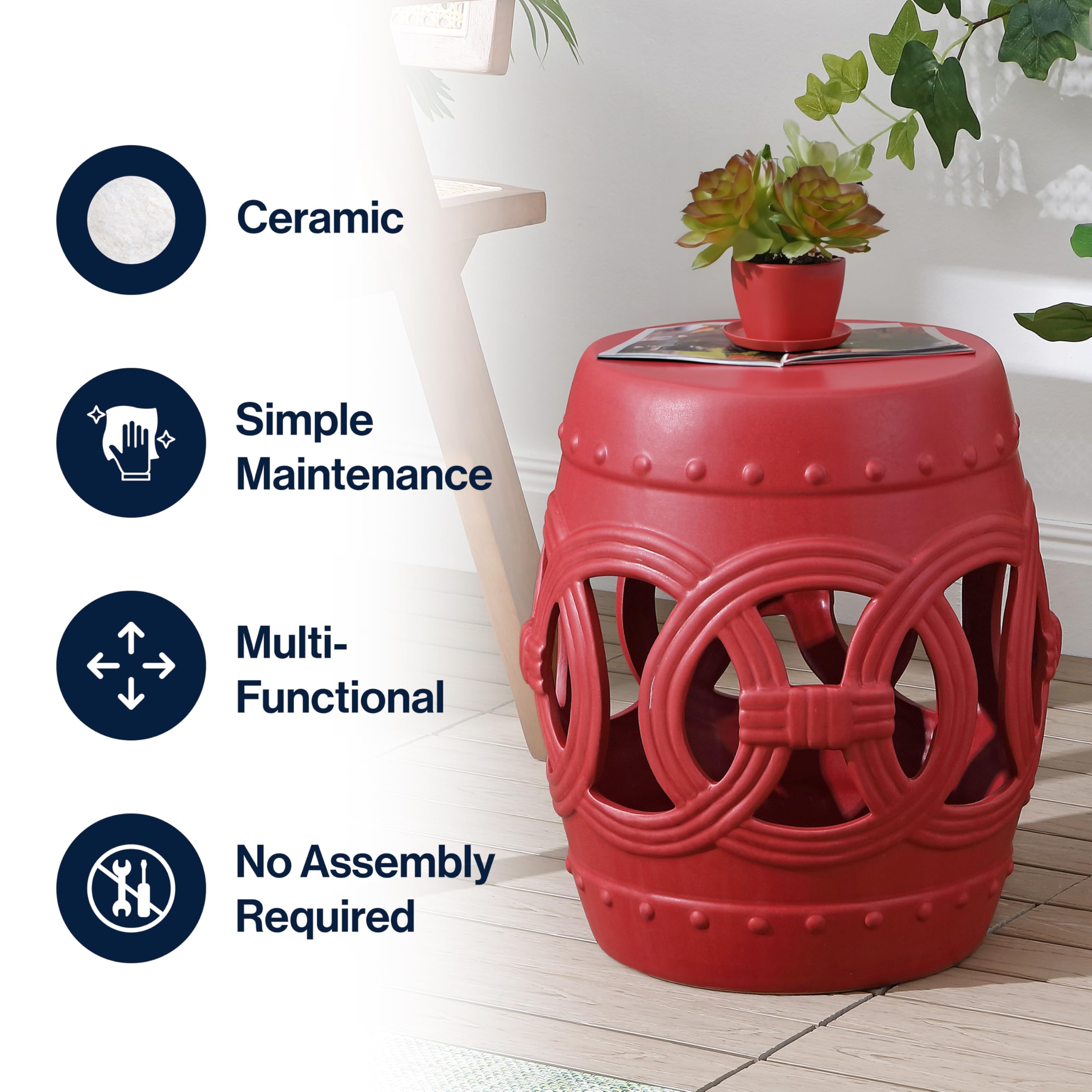 JONATHAN Y Lucky Coins 16" Ceramic Garden Stool, Contemporary Blue/White Cutout Interlocking Rings Drum Indoor/Outdoor Side Table and Plant Stand for Patio, Garden, Living Room TBL1027A
