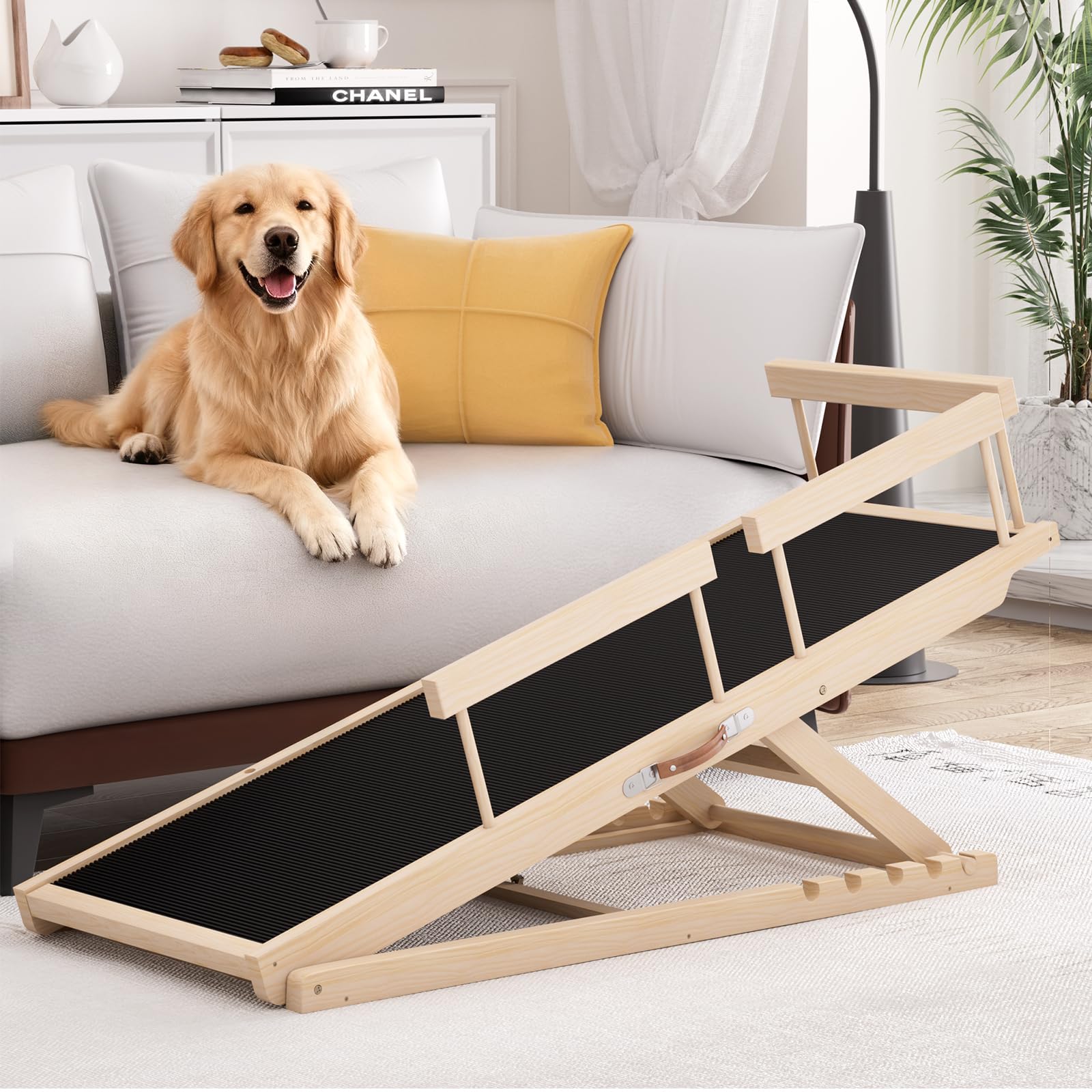 Dog Ramp for Couch, Wooden Pet Ramps 39.37" Long Adjustable 12"-20.47" Folding Puppy Ramps with Anti-Slip Rubber Mat, Dog Stairs for Small & Medium Older Dogs & Cats, up to 100lbs