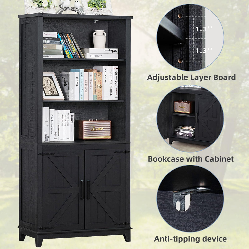 Joaxswe 70in Tall Bookshelf 5 Tier Bookcase with Barn Doors and Adjustable Shelves, Black Farmhouse Book Shelf with Storage Cabinet, Wood Freestanding Display Bookshelves for Bedroom, Living Room