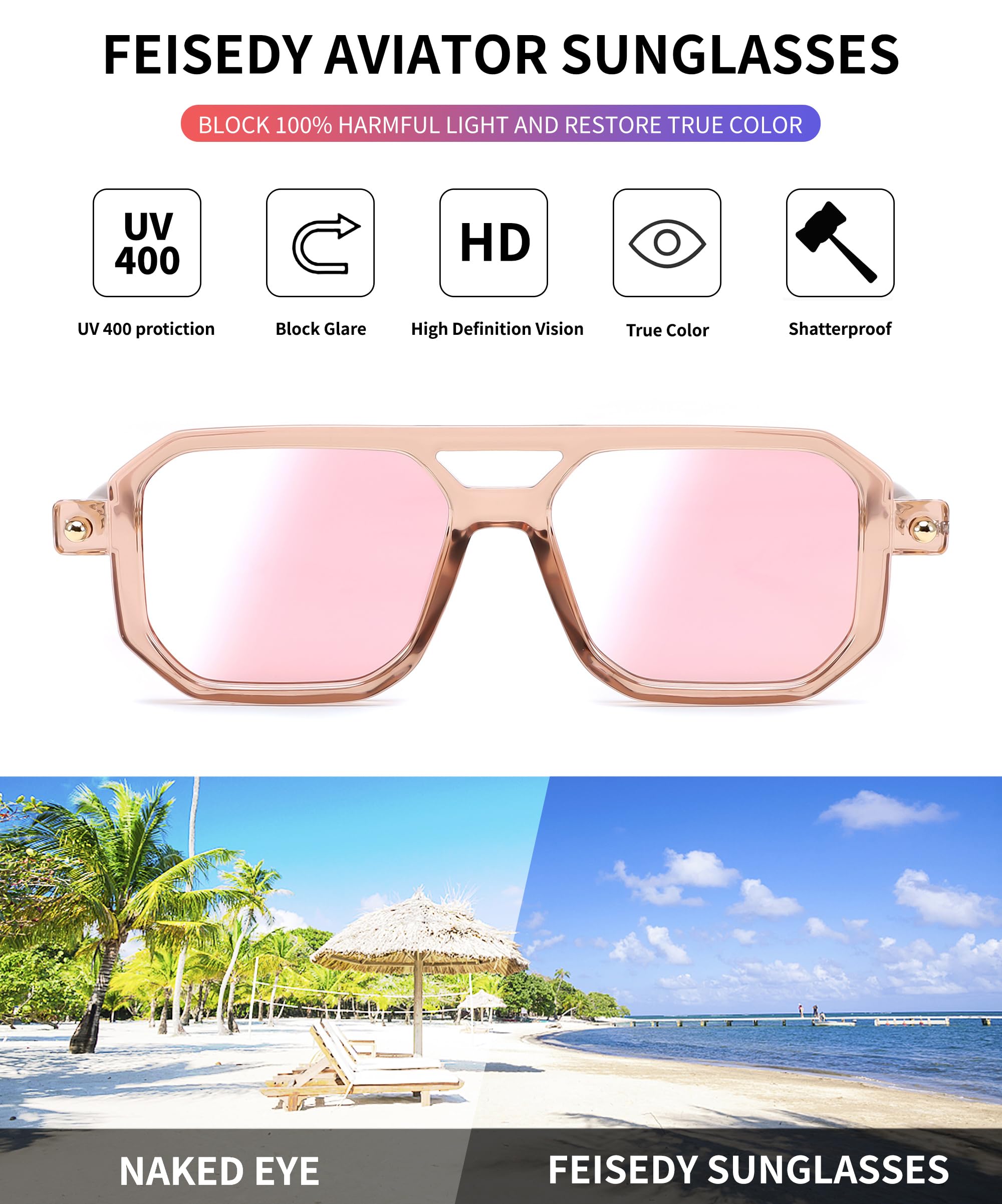 FEISEDY Vintage Square 70s Flat Aviator Sunglasses Women Men Classic Retro Stylish Frame UV400 Sunglasses B2622