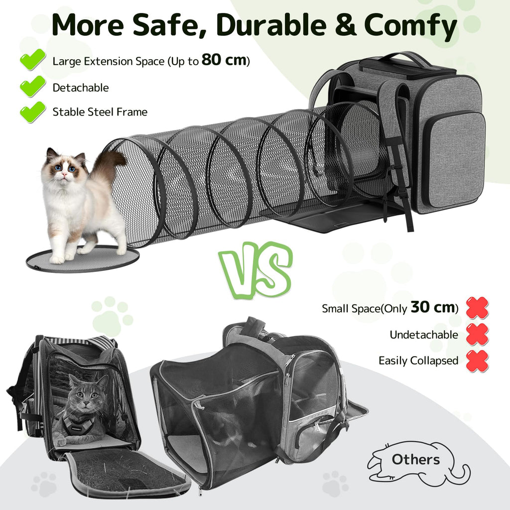 Cat Carrier Backpack with Detachable Play Tunnel, 2 in 1 Cat Tunnel Backpack Suitable for Carrying & Playing, Expandable Pet Carrier for Small Medium Kitten Puppy, Suitable for Travel Hiking Camping
