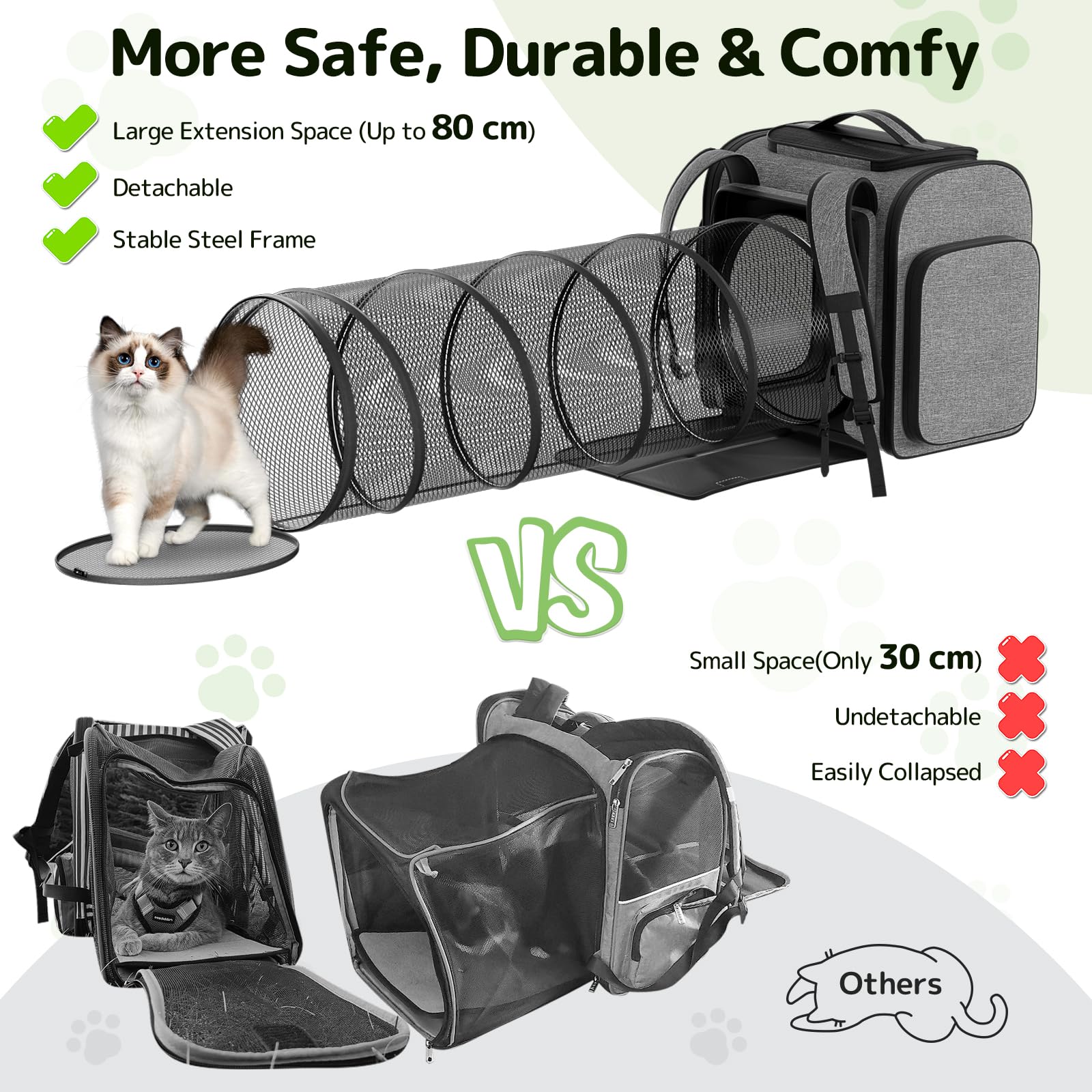 Cat Carrier Backpack with Detachable Play Tunnel, 2 in 1 Cat Tunnel Backpack Suitable for Carrying & Playing, Expandable Pet Carrier for Small Medium Kitten Puppy, Suitable for Travel Hiking Camping