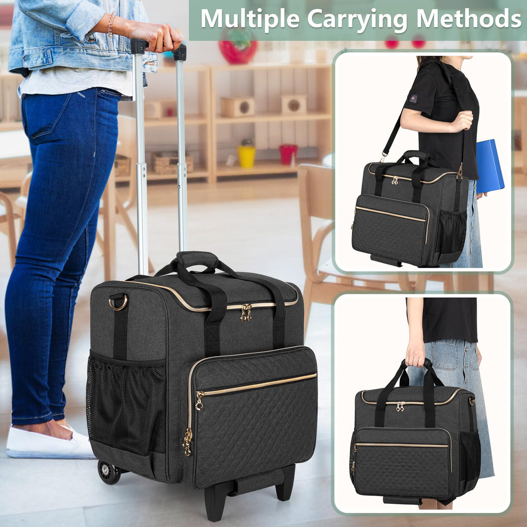 LUXJA Rolling Teacher Bag with Laptop Compartment and Detachable Dolly, Multifunctional Rolling Teacher Tote Bag (Patent Pending), Black
