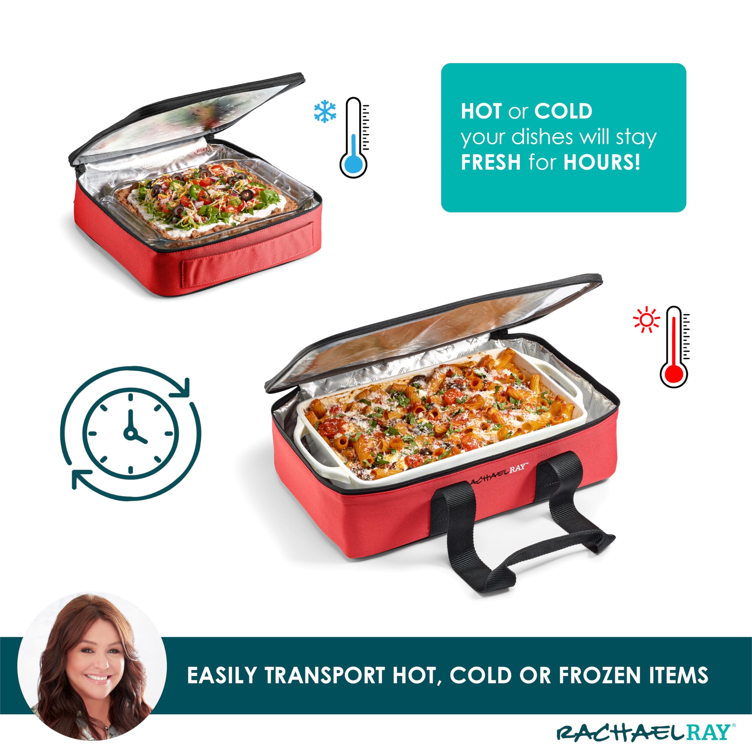 Rachael Ray Lugger Duo, Insulated Casserole Carrier for Hot or Cold Food, Thermal Lasanga Lugger Tote for Pockluck, Parties, Picnic, and Cookouts, Fits 9" x 13" Baking Dish, Burgundy