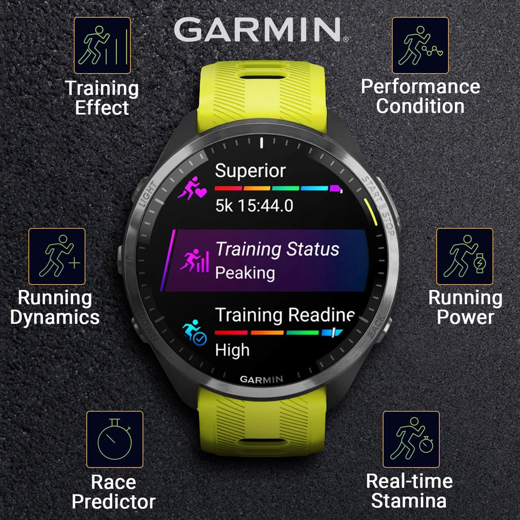 Garmin Forerunner 965 Premium GPS Running and Triathlon 47 mm Smartwatch with AMOLED Touchscreen Display, Carbon Gray DLC Titanium Bezel and Yellow Silicone Band + Black Earbuds Bundle