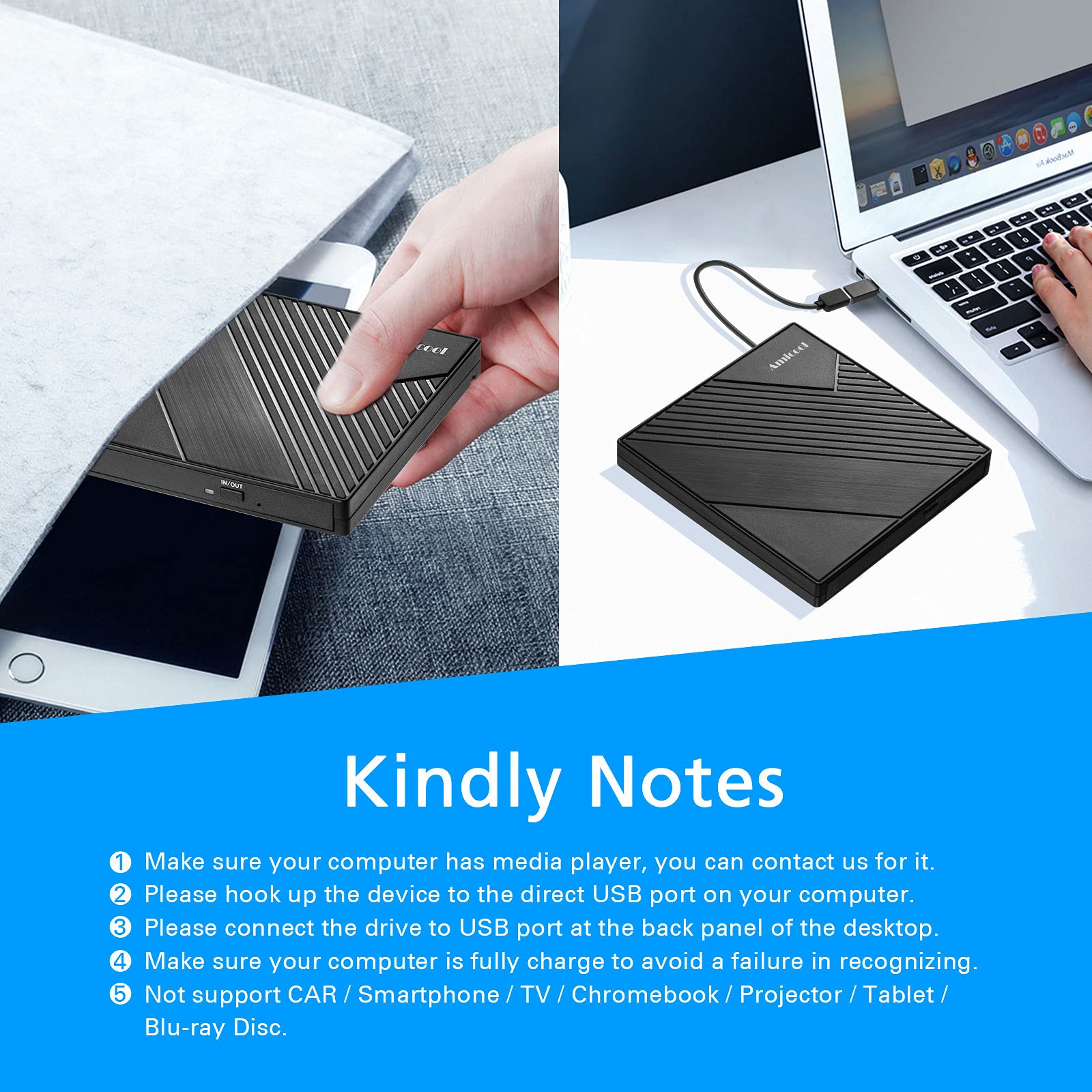 Amicool External USB-C USB 3.0 CD/DVD Drive Burner +/-RW, Ultra-Slim Portable DVD Player Writer Reader for Mac iMac MacBook, Windows 11/10/8 Linux, Laptop Desktop PC Computer Optical Drive