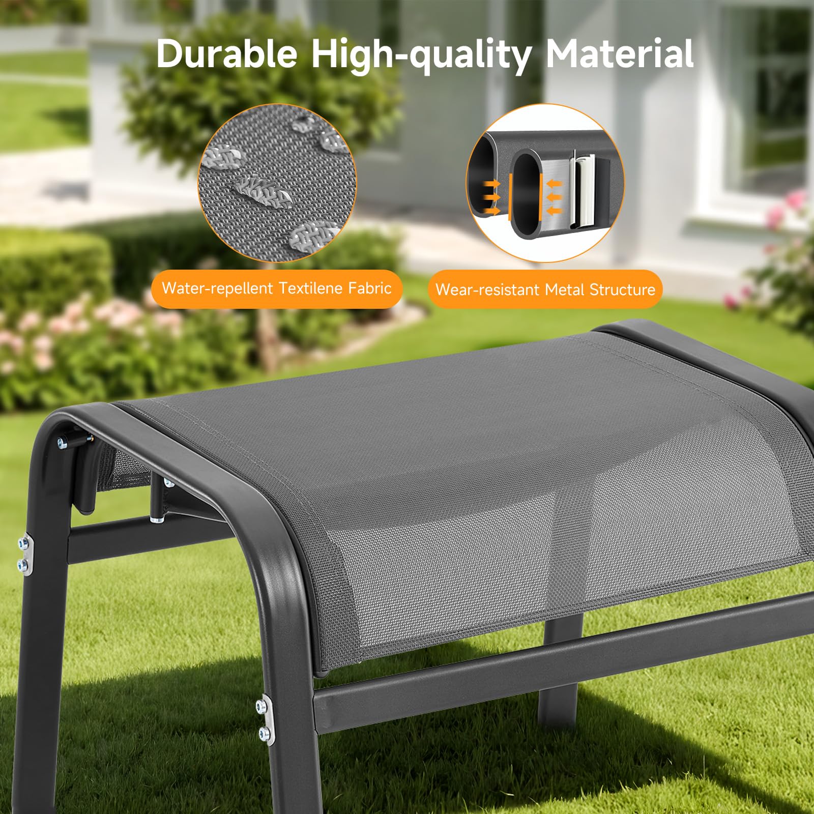 ONBRILL Outdoor Ottoman Set of 2, All Weather Outdoor Foot Stool with Supportive Textliene and Metal Frame, Stackable Oversized Outdoor Foot Rest for Furniture Patio Garden Pool, Beige