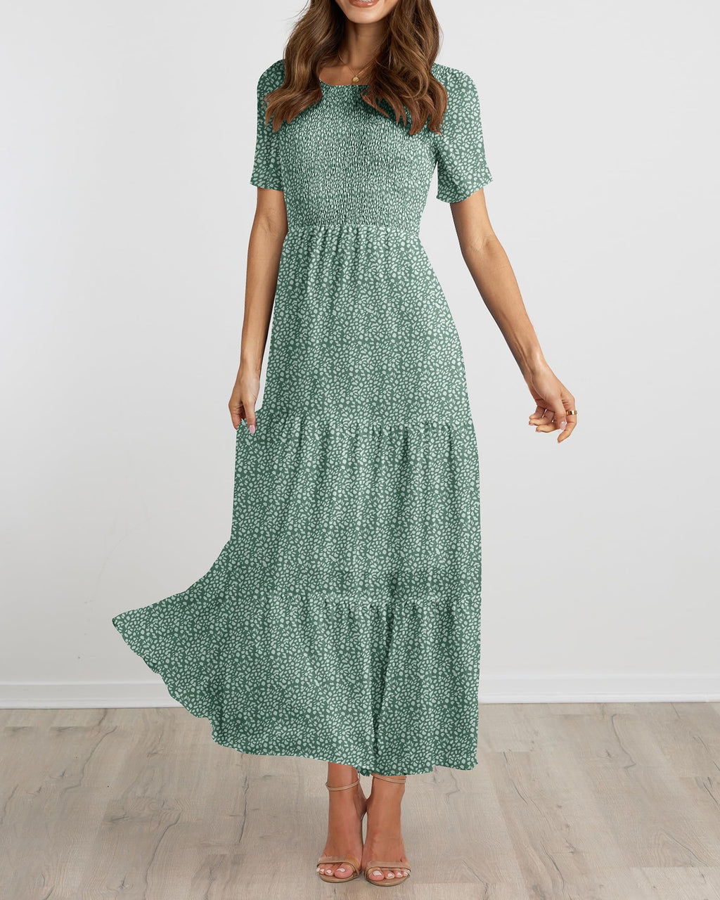 BTFBM Women Casual Short Sleeve Crew Neck Summer Dress Bohemian Floral Printed Flowy Maxi Dresses Tiered Cocktail Dress