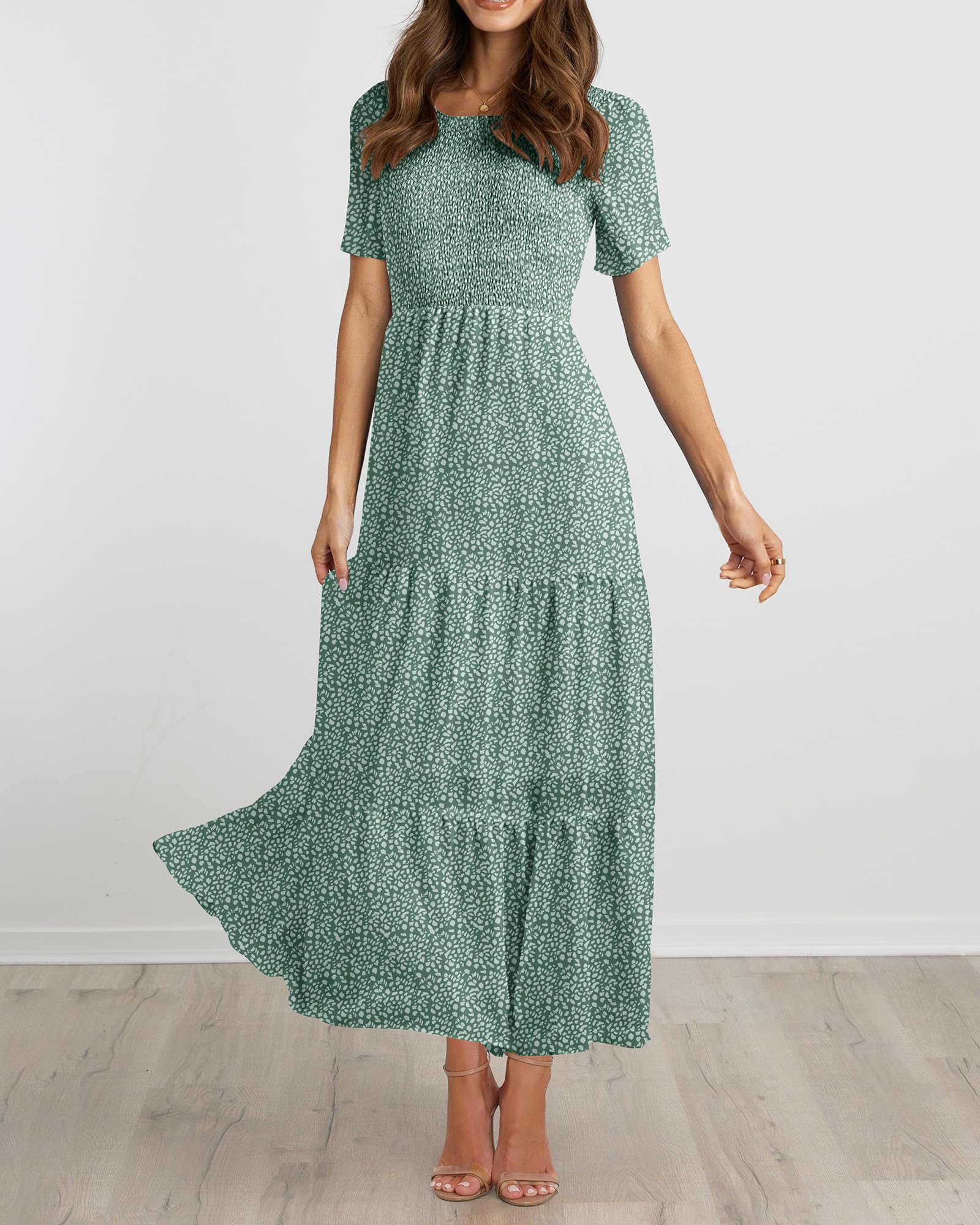 BTFBM Women Casual Short Sleeve Crew Neck Summer Dress Bohemian Floral Printed Flowy Maxi Dresses Tiered Cocktail Dress