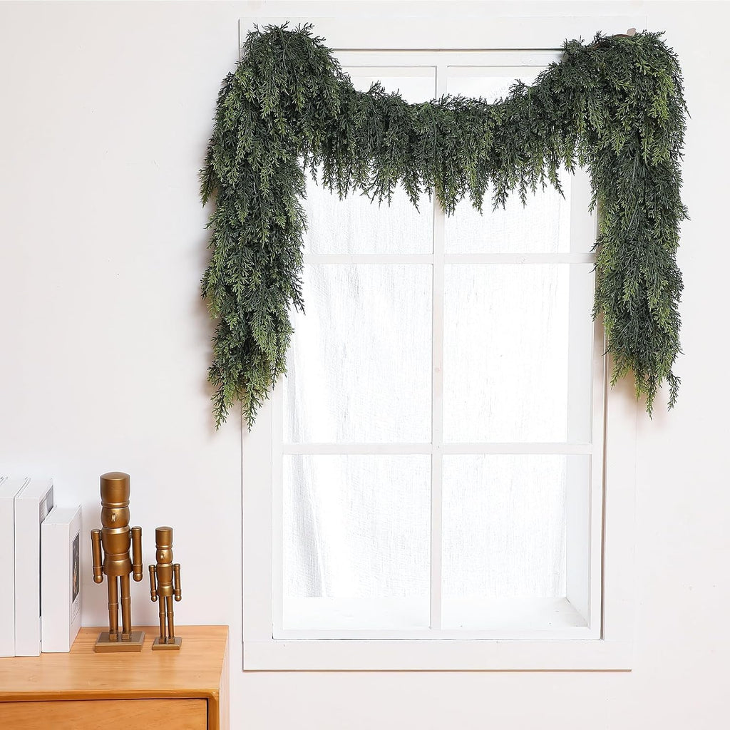 Waydress 1 Pcs 6 Feet Christmas Cedar Garland - Thick & Lush Realistic Artificial Green Faux Cedar Pine Needles Garland for Christmas Winter Home Mantel Fireplace Holiday Party Decor
