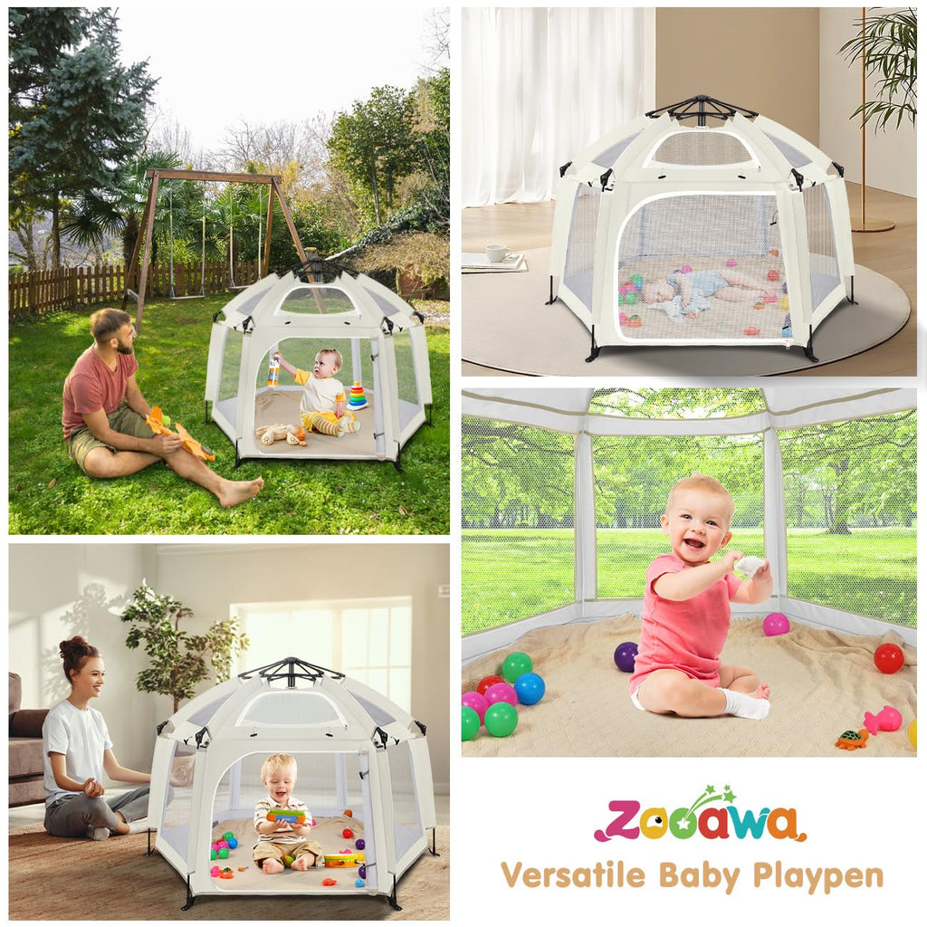 Pop Up Playpen for Baby, Portable Playpen for Babies and Toddlers with Removable Sun-Shades& 2 Side UV Covers, Lightweight Outdoor Baby Play-Pen for Beach Home with Travel Bag, Beige