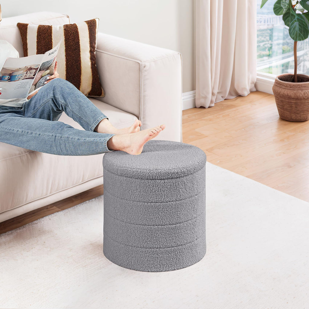 PINPLUS Round Storage Ottoman Foot Rest Stool with Tray Velvet Sherpa Folding Storage Ottoman,Boucle Foot Rest for Living Room, Bedroom, Dorm（Beige）