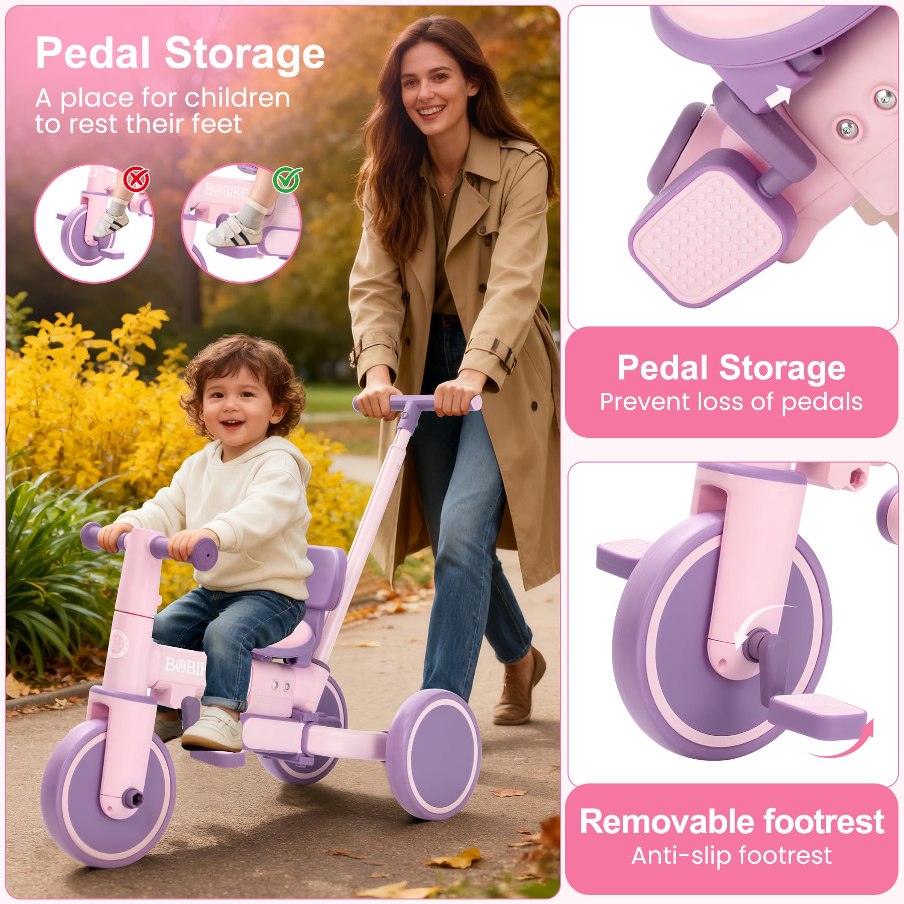 Toddler Bike with Push Handle,Tricycles for 1 to 3 Years Old, Toddler Tricycle with Push Handle for Boy Girl, Baby Balance Bike with Adjustable Seat Height and Removable Pedal (Black)