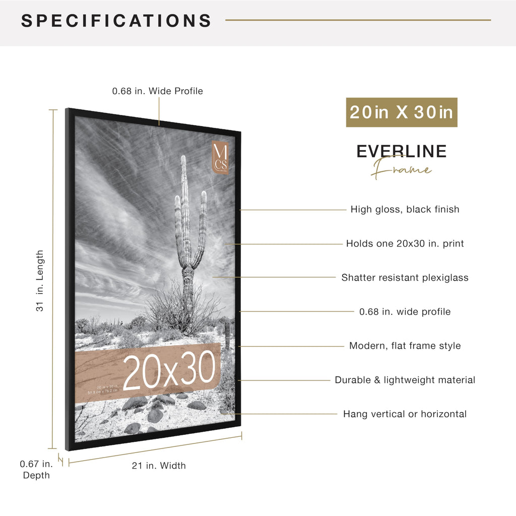 MCS Everline Collection 14x20 Matted Poster Frame with 11x17 Picture Display, Black Vertical & Horizontal Wall Hanging Large Frame for Photos, Posters & Art Prints (1-Pack)