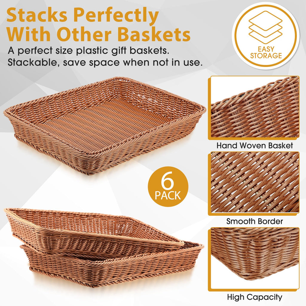 Eccliy 6 Pack Wicker Bread Baskets 15.8 Inch Woven Serving Basket for Gifts, Poly Wicker Storage Rectangle Rattan Display Trays for Bread Food Vegetables Fruit Snacks Tabletop Restaurant Home